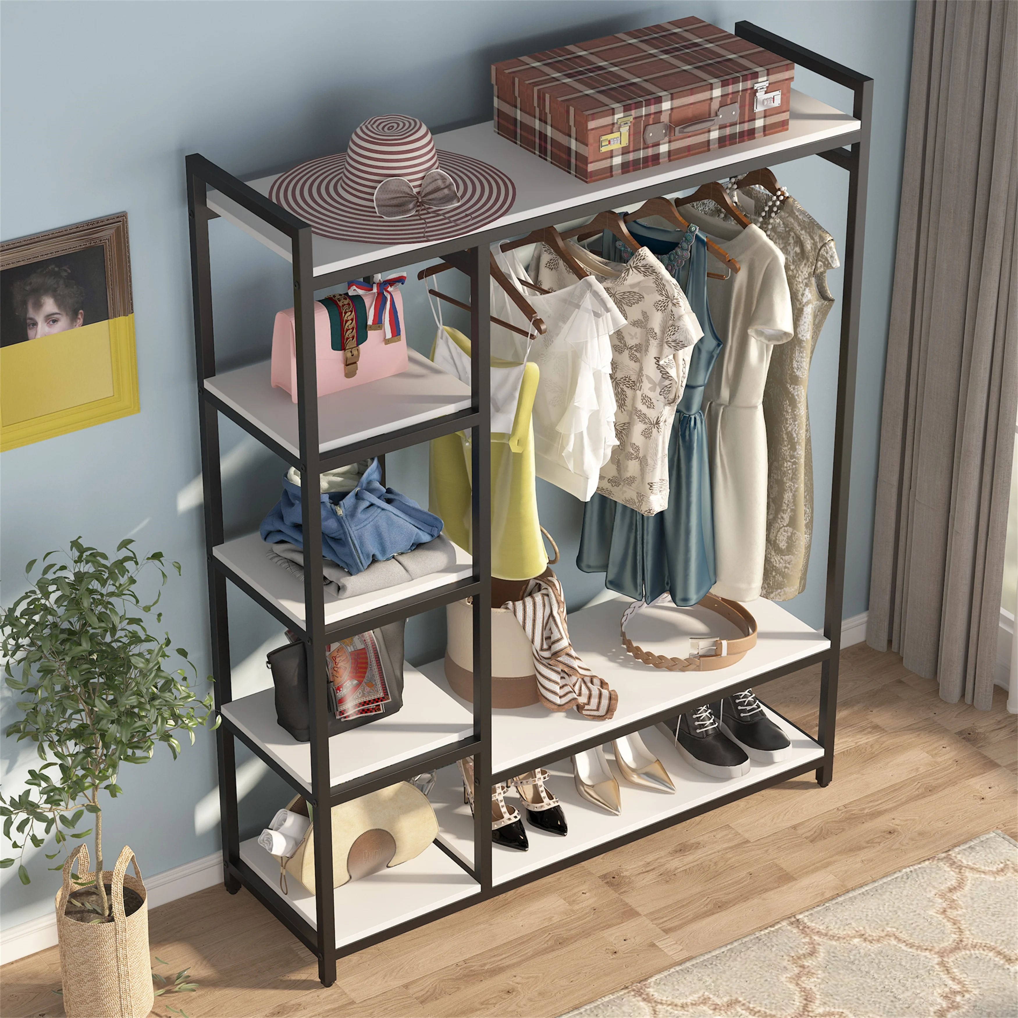 Black/ White Modern Clothes Garment Rack,Metal and Wood Closet Rack Closet Organizer System with Hanging Rod and Shelf