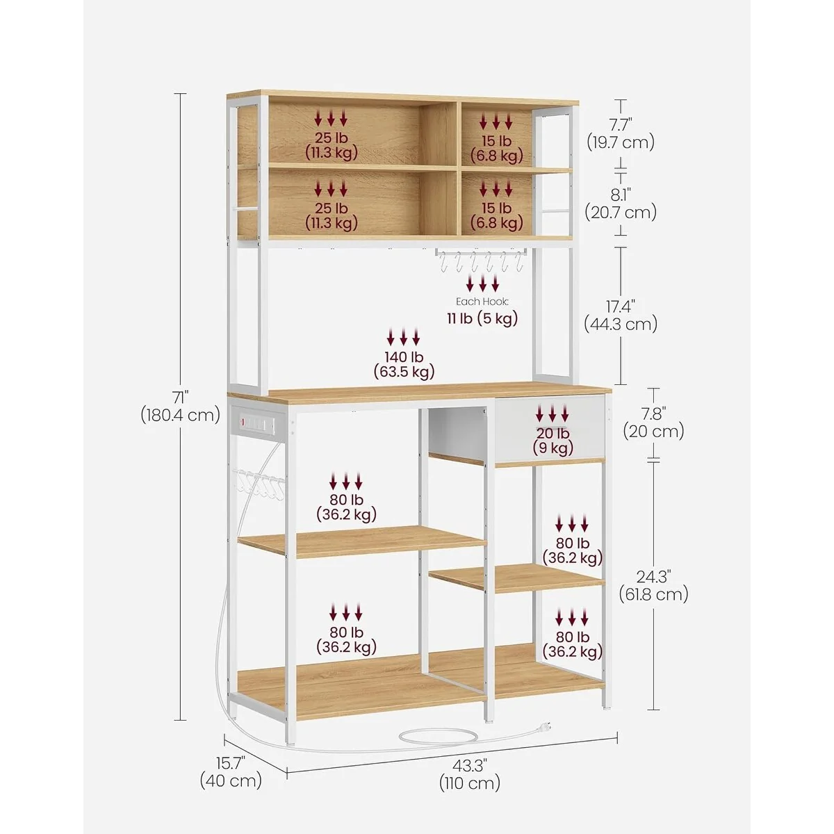 VASAGLE Bakers Rack with Charging Station, Coffee Bar Stand with Adjustable Storage Shelves