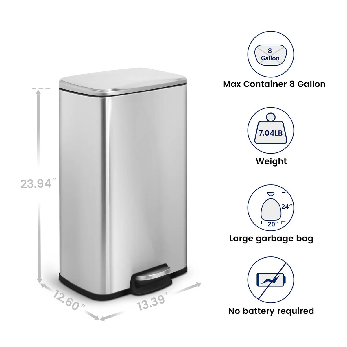 Innovaze 8 Gal./30 Liter Rectangular Stainless Steel step-on Trash Can for kitchen