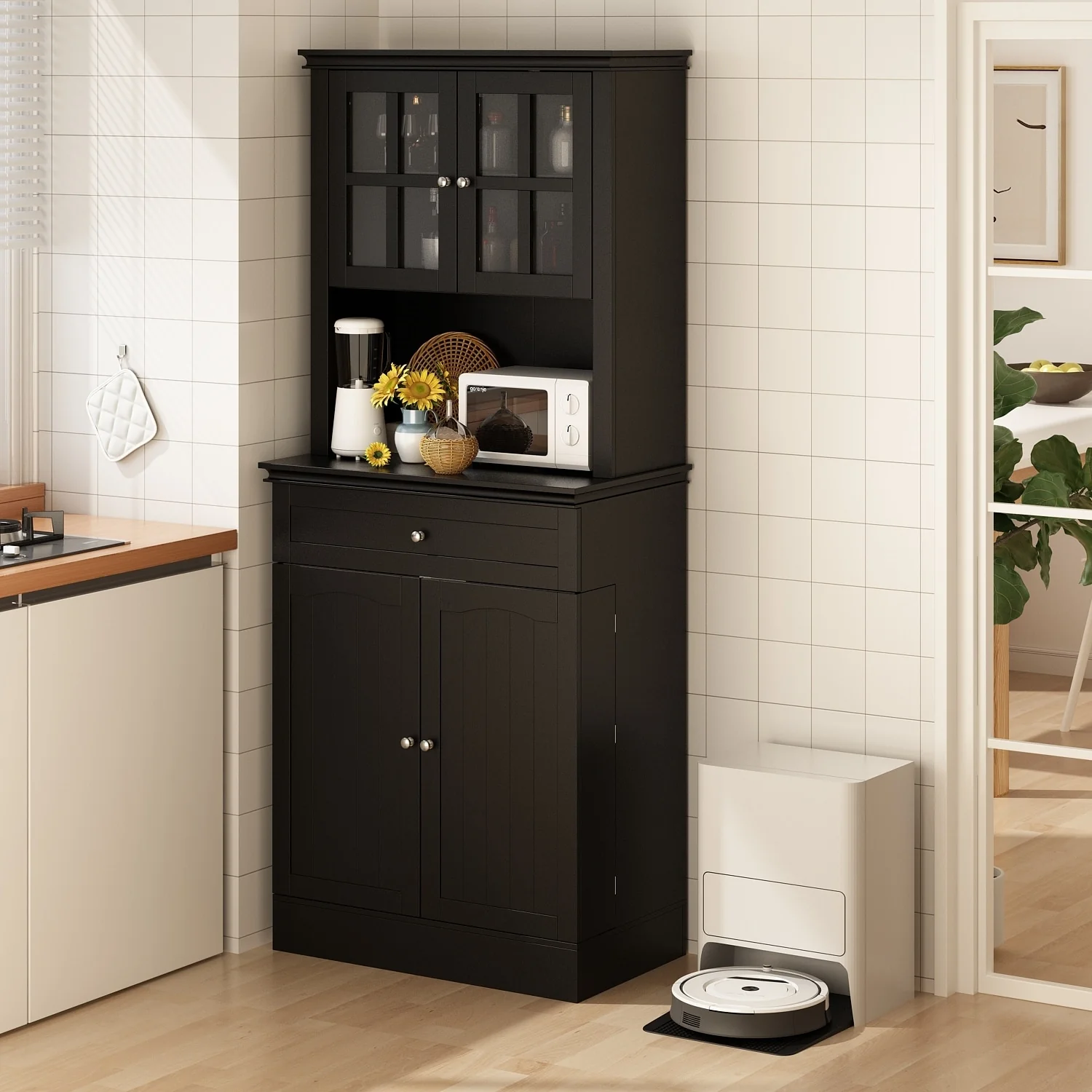 Long Standing Kitchen Cabinet with Large Open Space for Microwave - 30