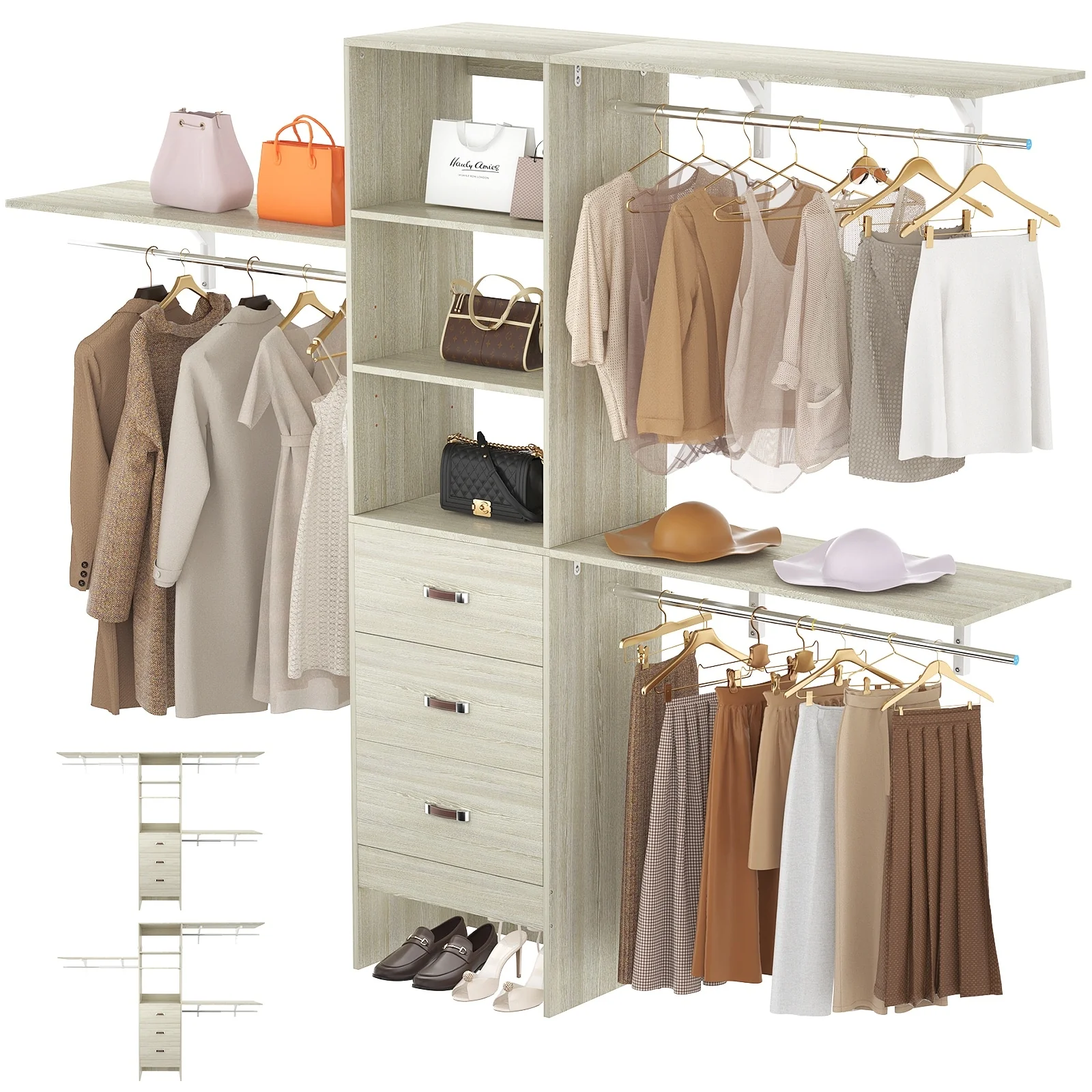 Rackcog 120'' Closet Organizer with Drawers, Closet System with DIY Shelves for Reach-in and Walk-in Closet