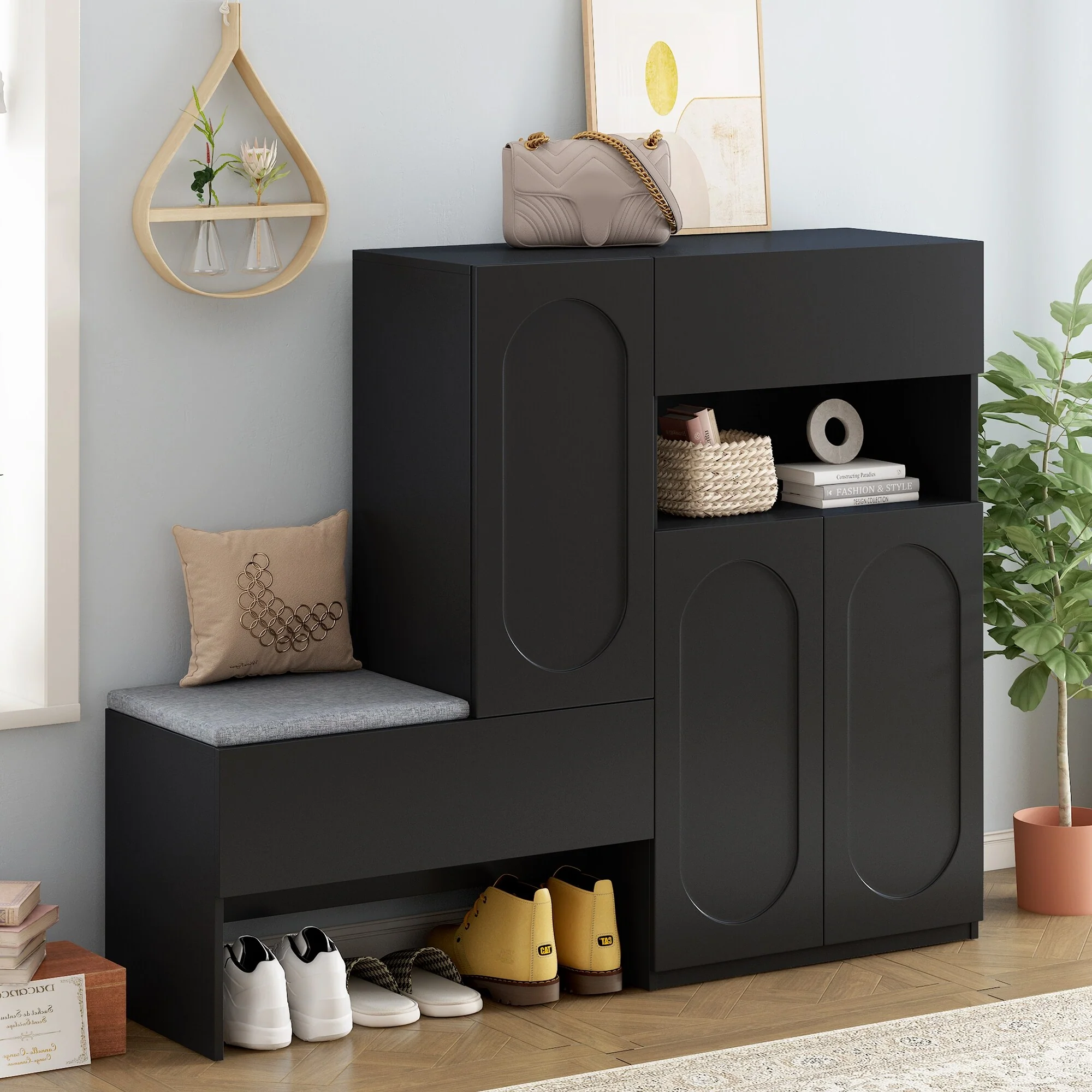 2-in-1 Shoe Cabinet with Bench, Entryway Storage Cabinet, Space-Saving Shoe Rack Organizer with Adjustable Shelves