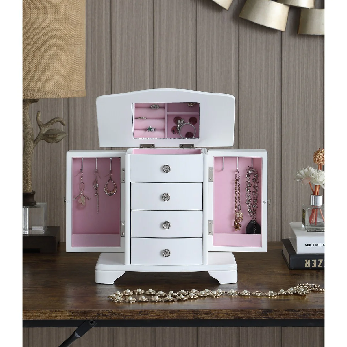 Snow White Wood Jewelry Box with 3 Drawers and 2 doors - 6*10*9.5inch