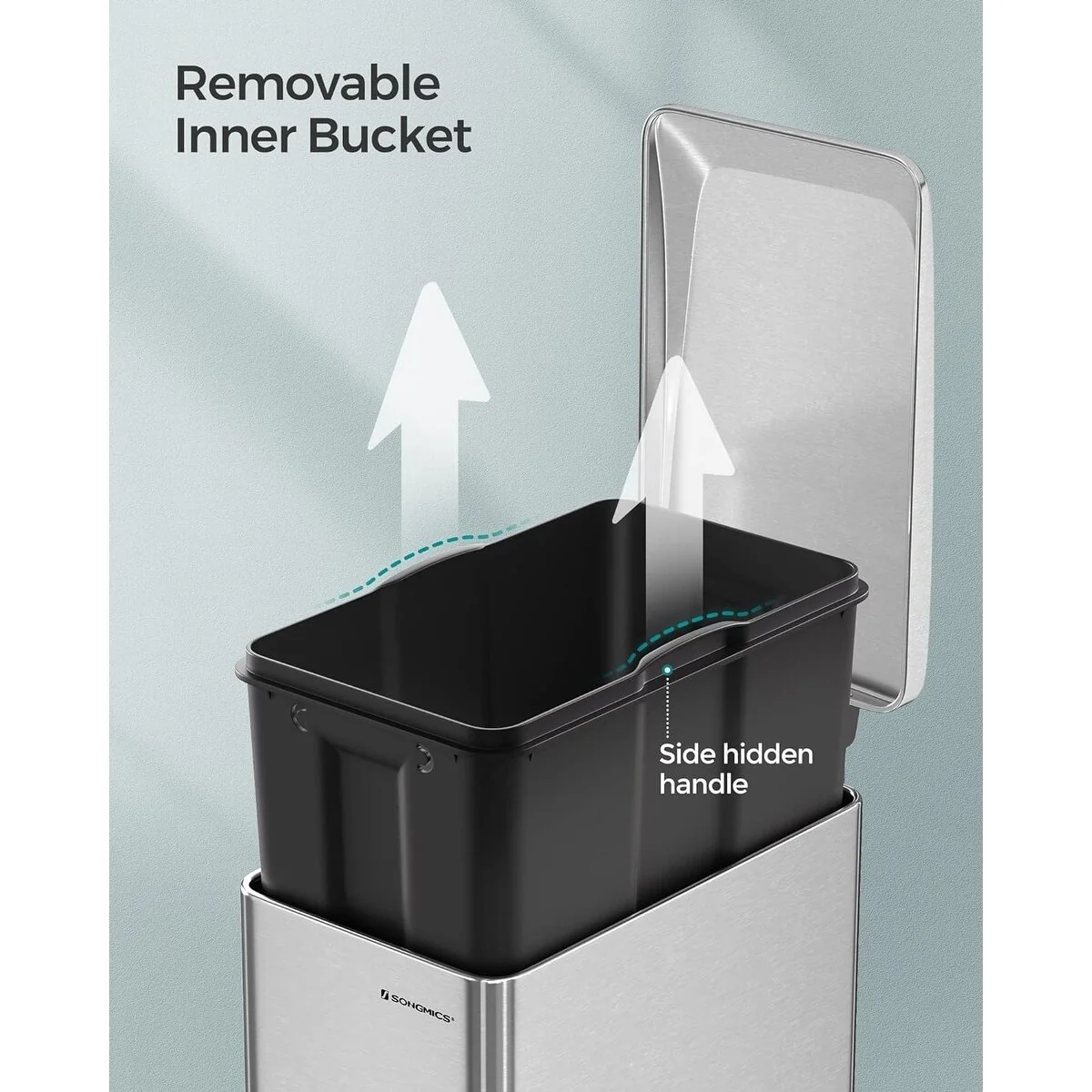 SONGMICS 12.7 Gallon Garbage Can for Narrow Spaces, Silver