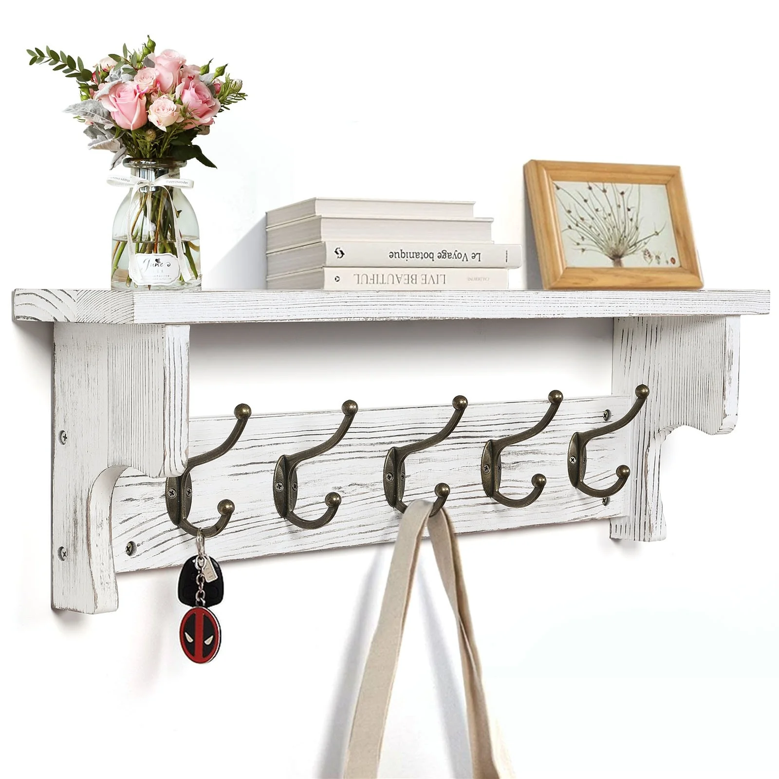 Rustic Wall Mounted Coat Rack with Storage Shelf & Metal Hooks