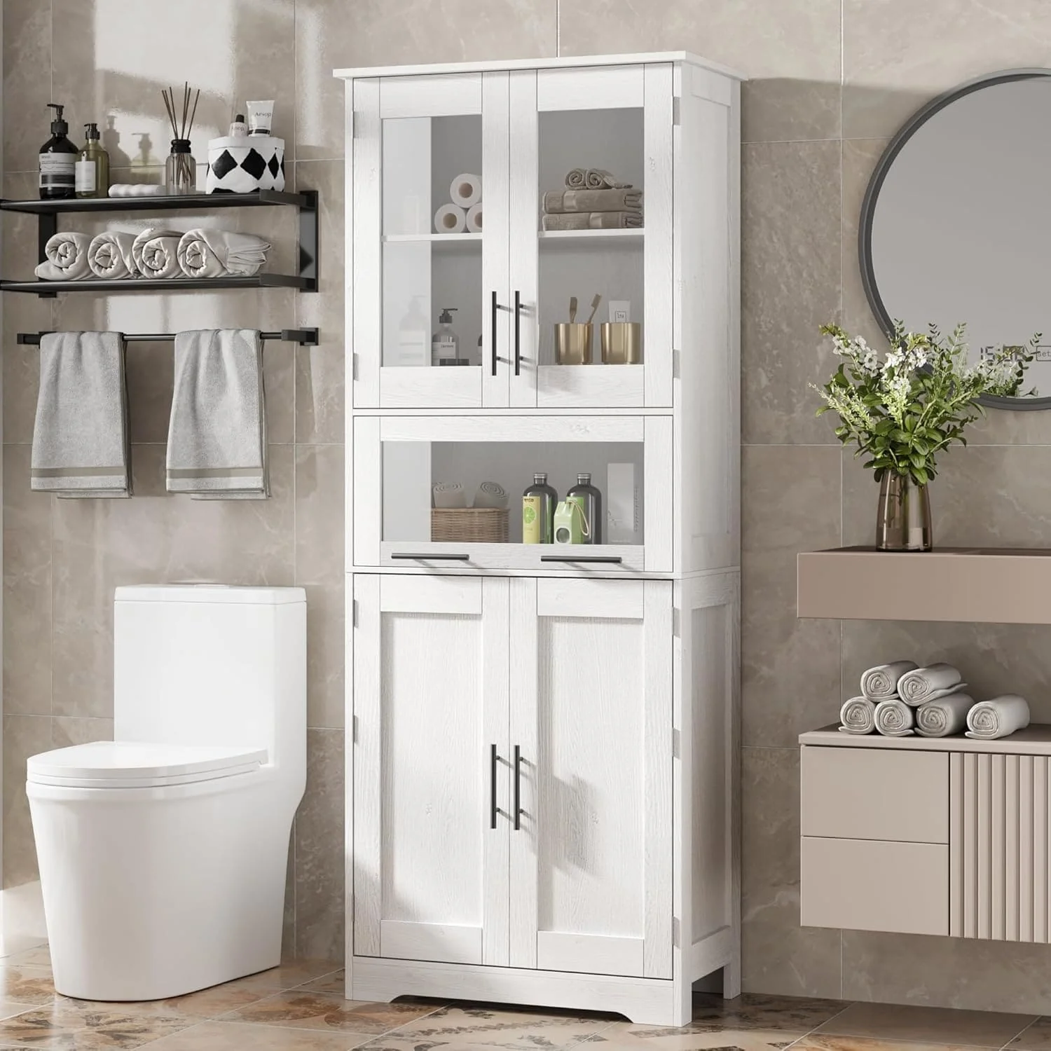 Tall Bathroom Cabinet, Linen Storage Cabinet with Doors and Adjustable Shelves and Drawer
