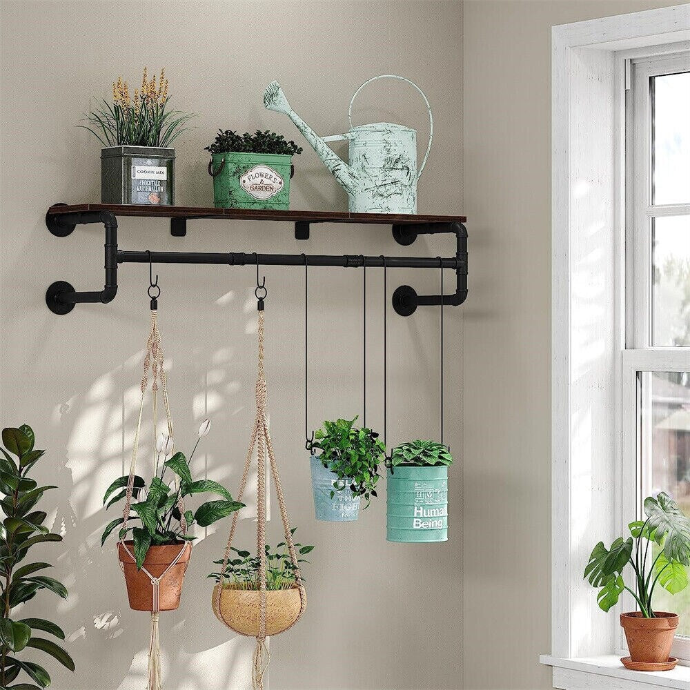 Industrial Pipe Garment Rack with Wood Shelf Wall Mounted Clothing Rack