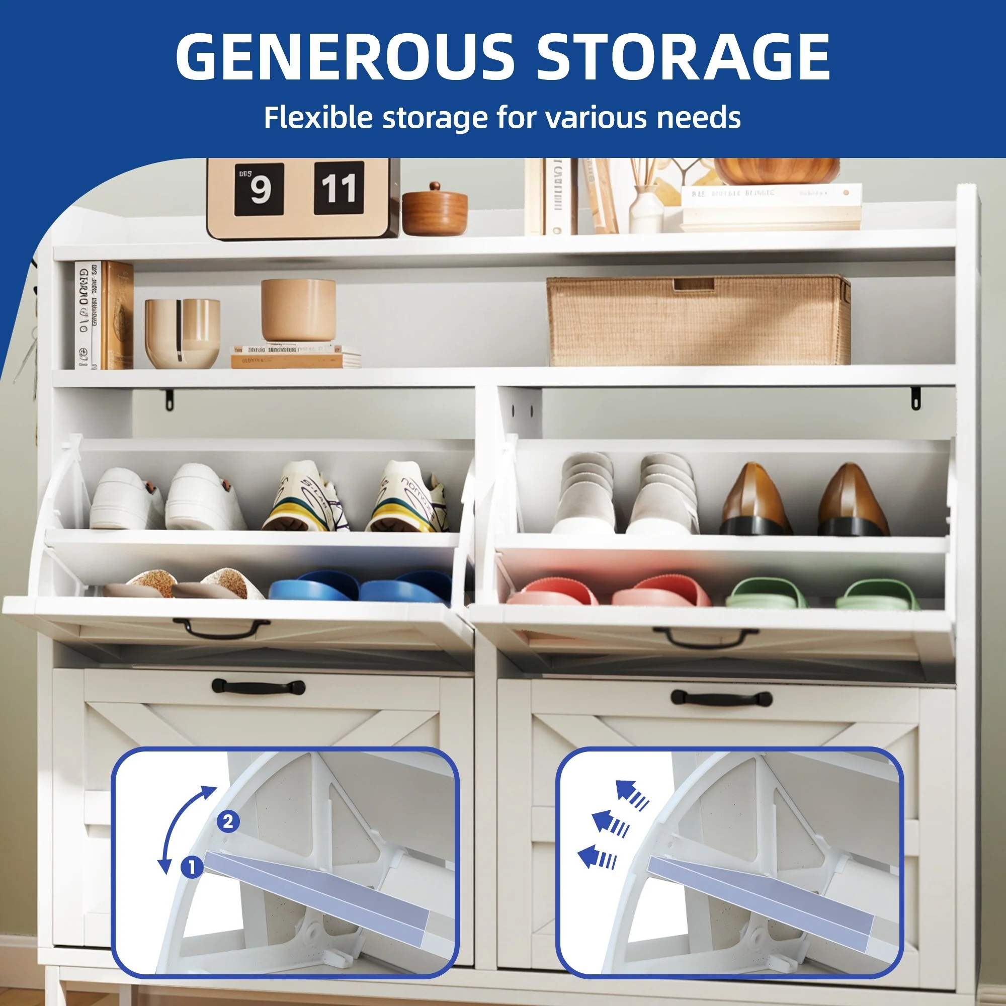 Moasis 24 Pairs Farmhouse Shoe Storage Cabinet 4 Flip Drawers Shoe Organizer