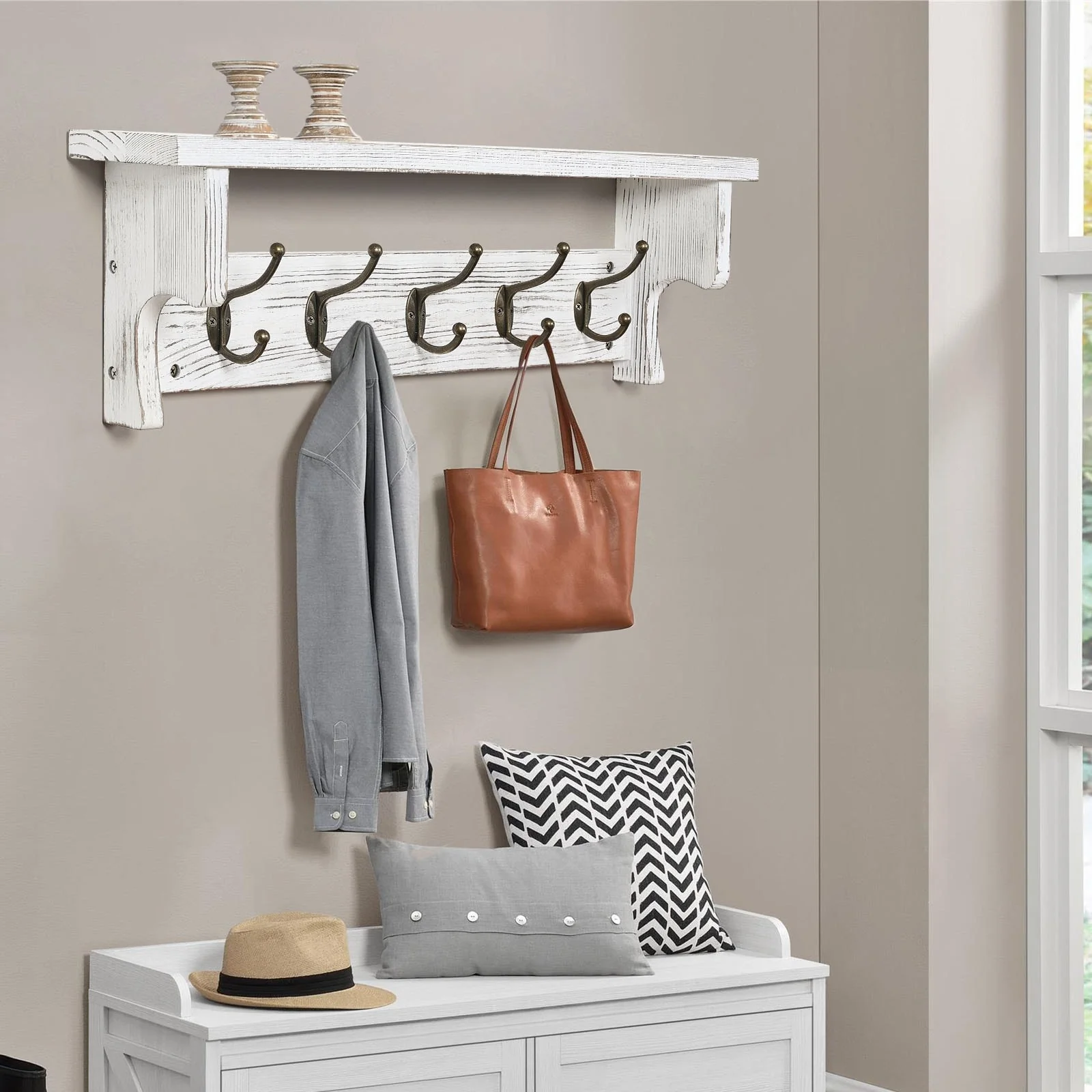 Rustic Wall Mounted Coat Rack with Storage Shelf & Metal Hooks