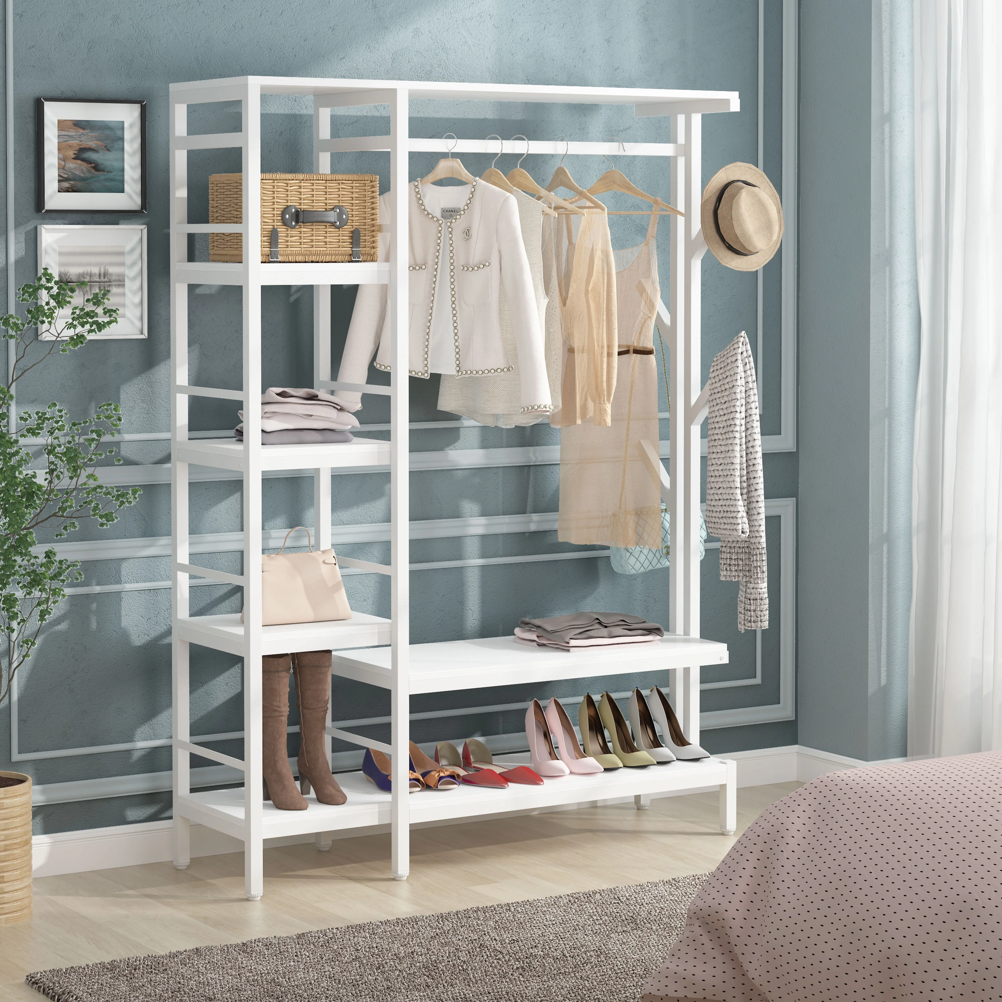 Free-standing Closet Organizer with Hooks, Garment Rack, Coat Rack with Shoe Bench