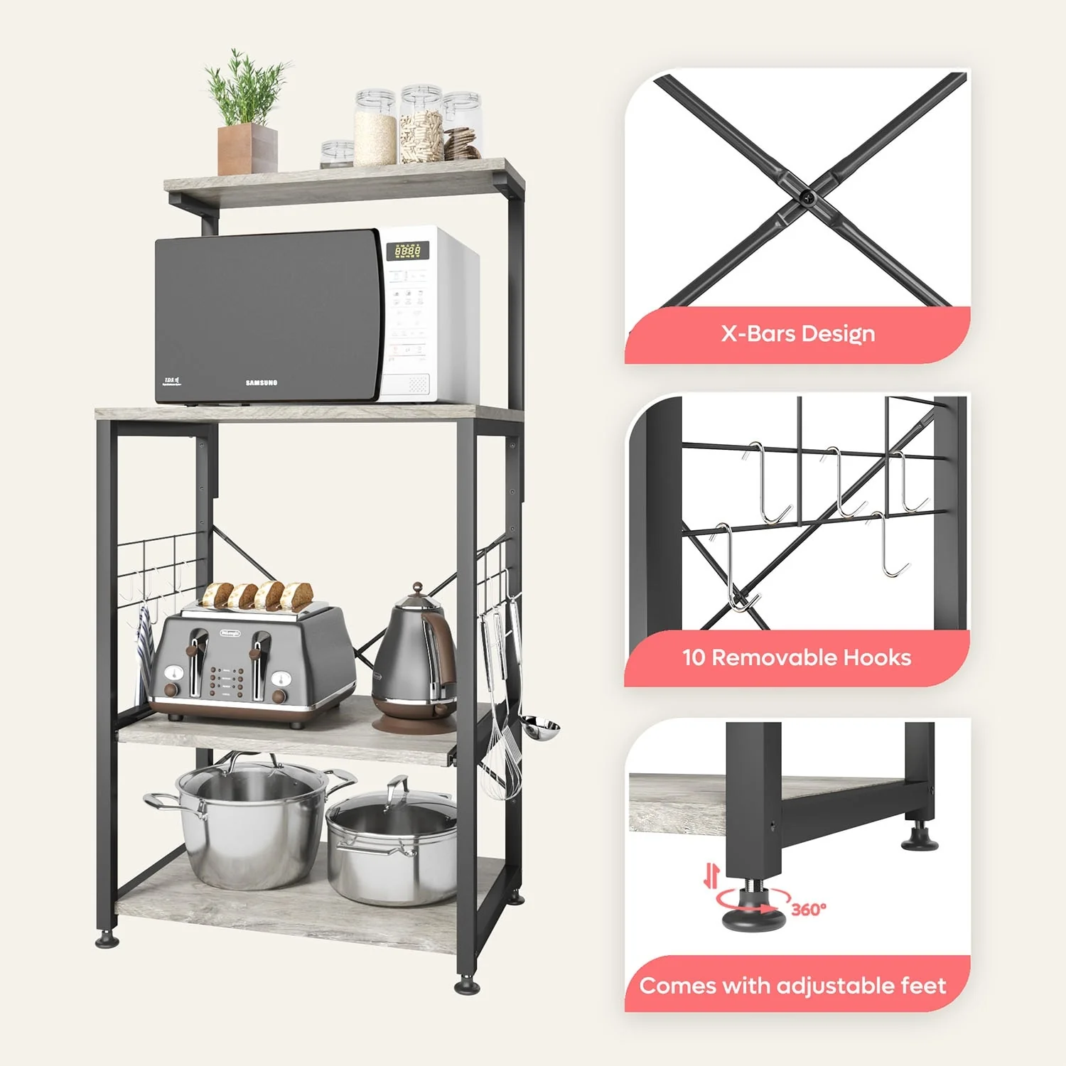 Kitchen Bakers Rack with Storage Shelves &USB Outlets, Microwave Oven Stand Kitchen Shelf Organizer