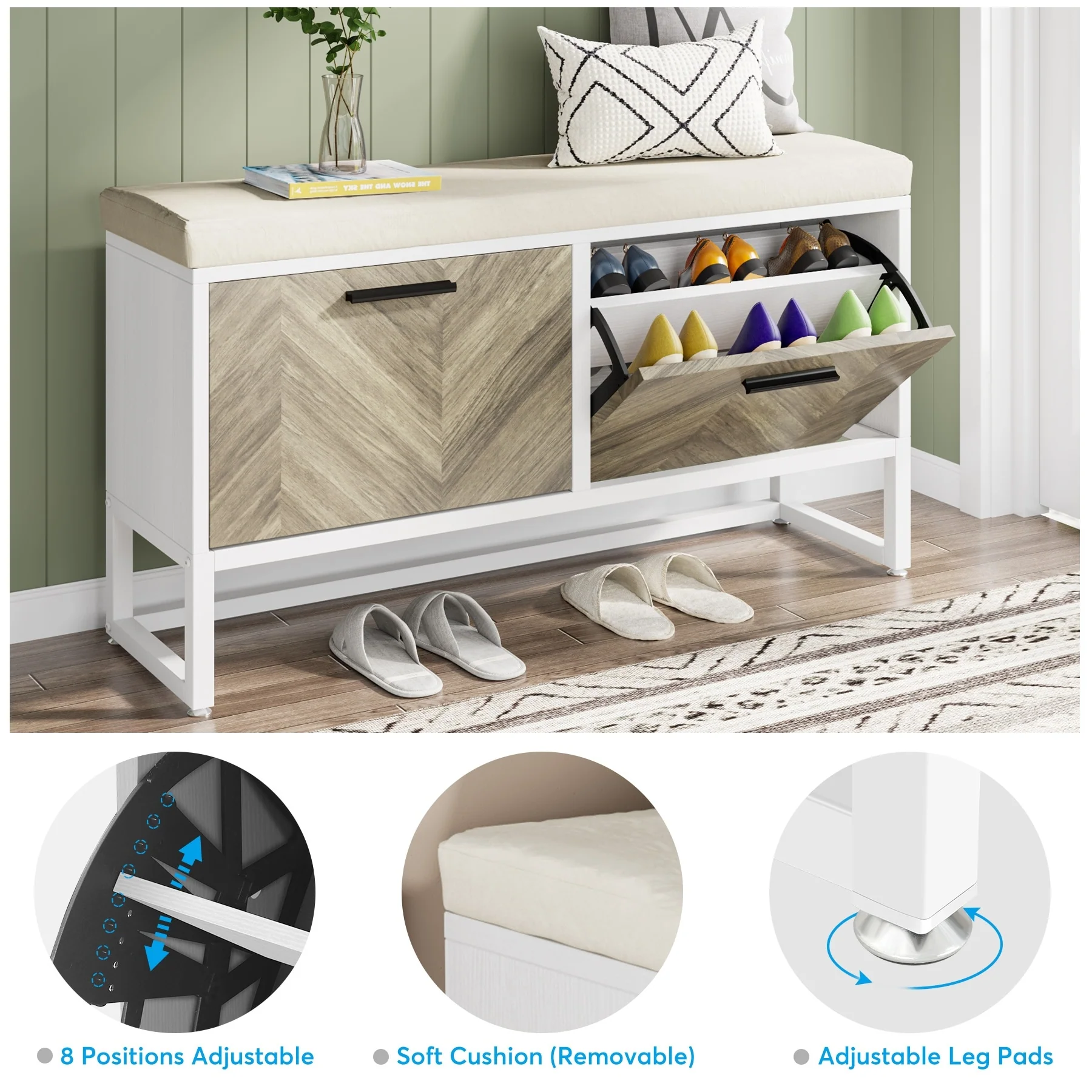 Shoe Storage Bench with Cushion, Entryway Shoe Bench with 2 Flip Drawers