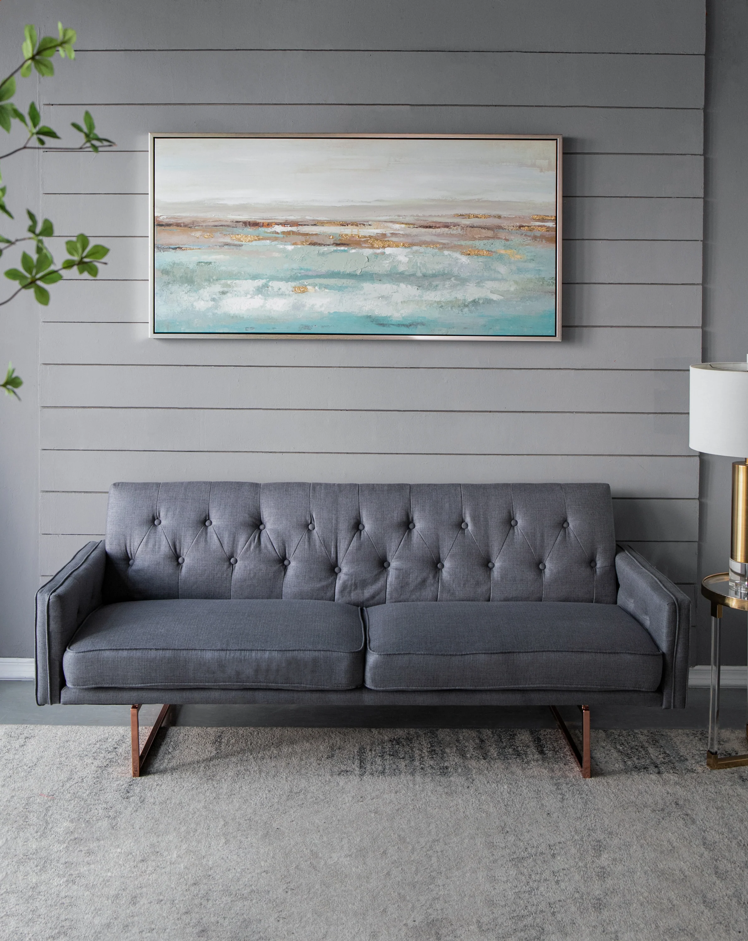 59.1x29.5x1.5' Framed Landscape Rectangle Blue and Gold Abstract Ocean Oil Painting