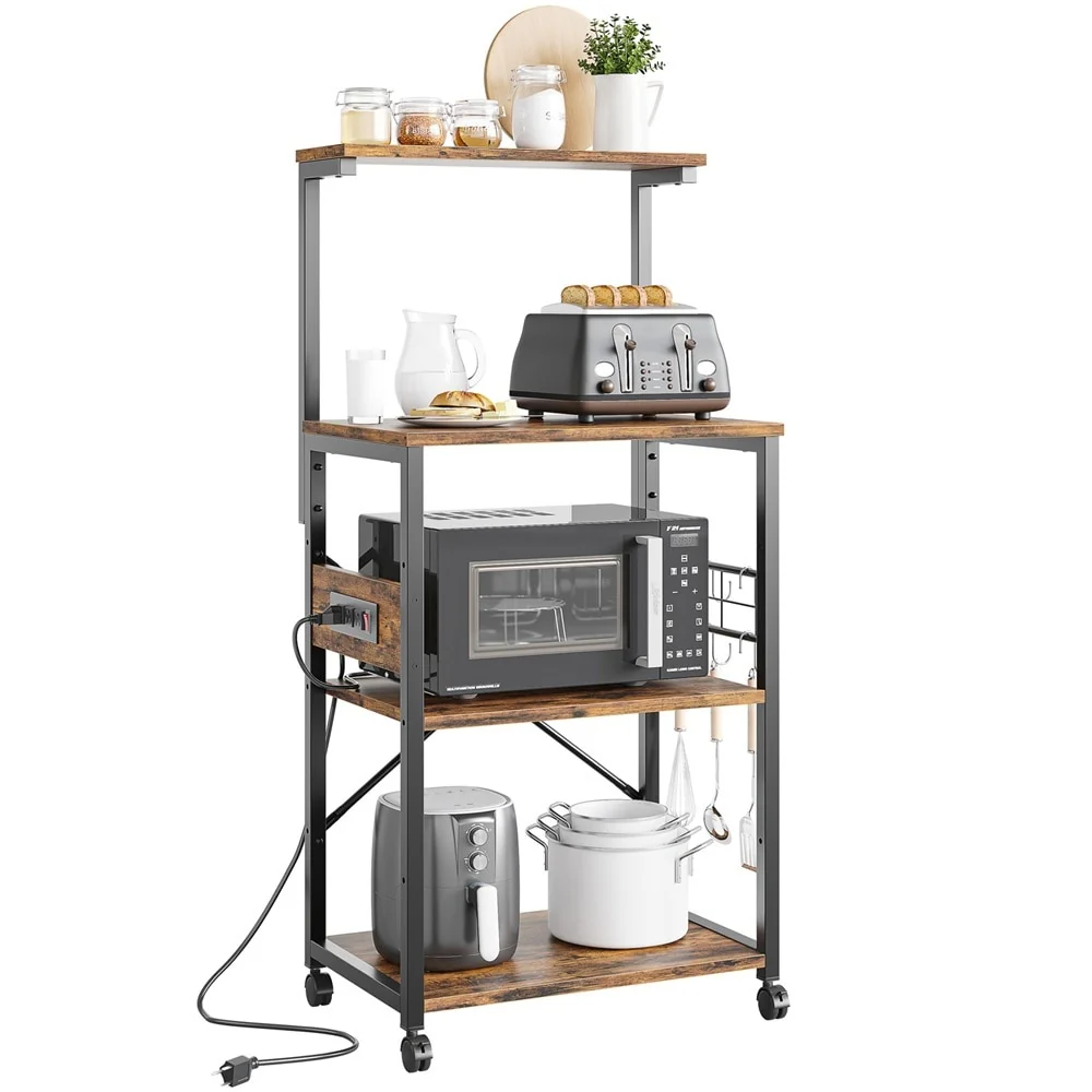 Kitchen Bakers Rack with Storage Shelves &USB Outlets, Microwave Oven Stand Kitchen Shelf Organizer