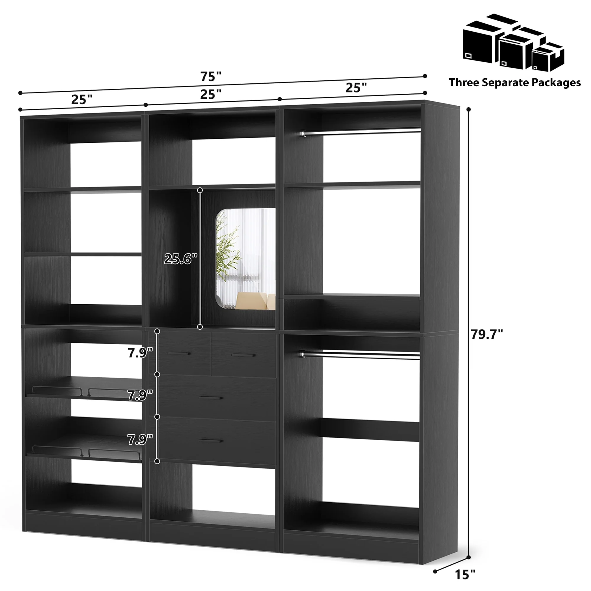 Cimly Set of 3 Freestanding Closet System with Drawers and Shoe Racks, 75'' Closet Organizer with Hanging Rods and Mirror