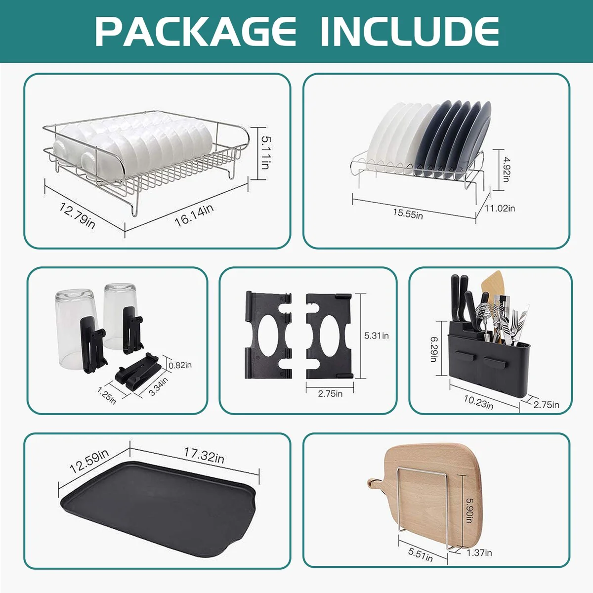Double Tier Stainless Steel Dish Rack, with Drainboard Set and Utensil Holder - Large
