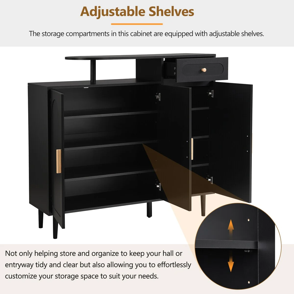 Shoe Cabinet with Arched Doors and Drawer, Cream Style Storage Sideboard with Adjustable Shelves and Solid Wood Legs