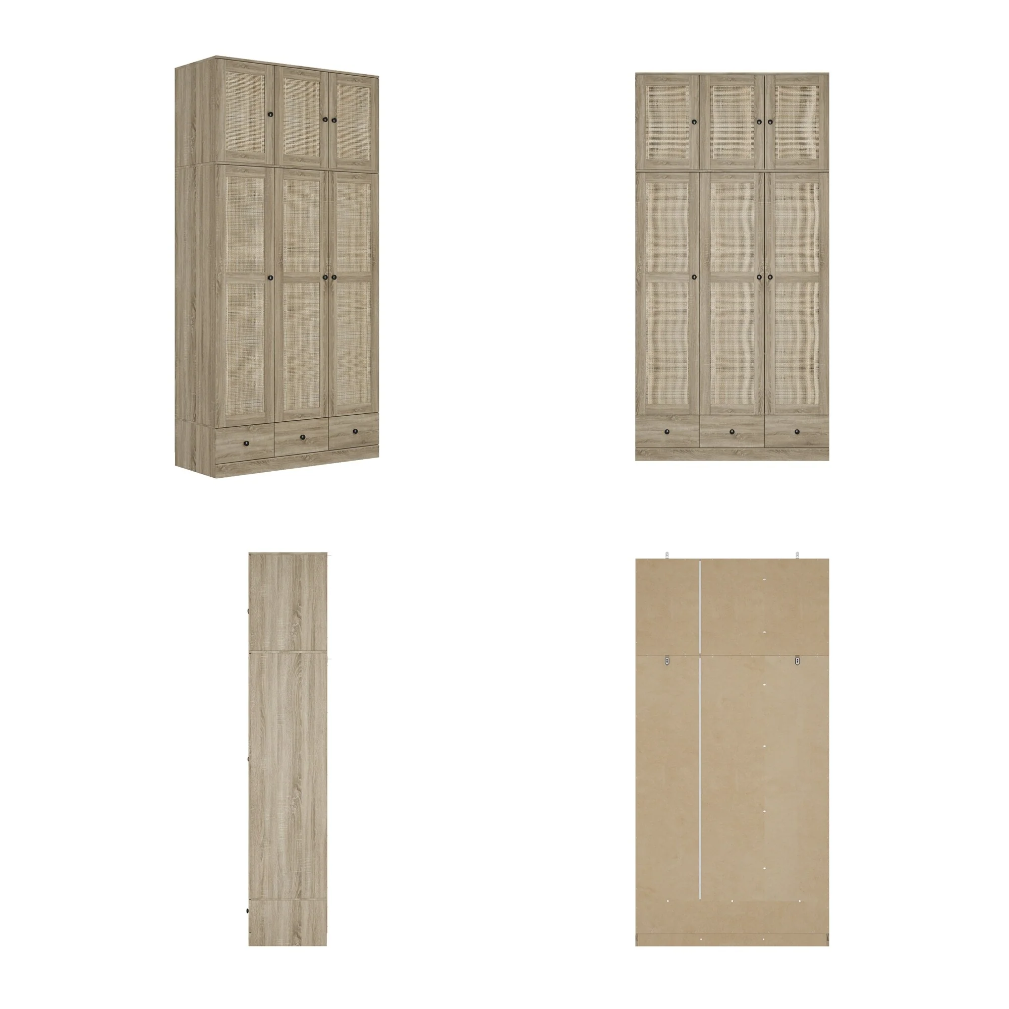 Large Storage Wardrobe Versatile Rattan Door Closet with Deep Drawers