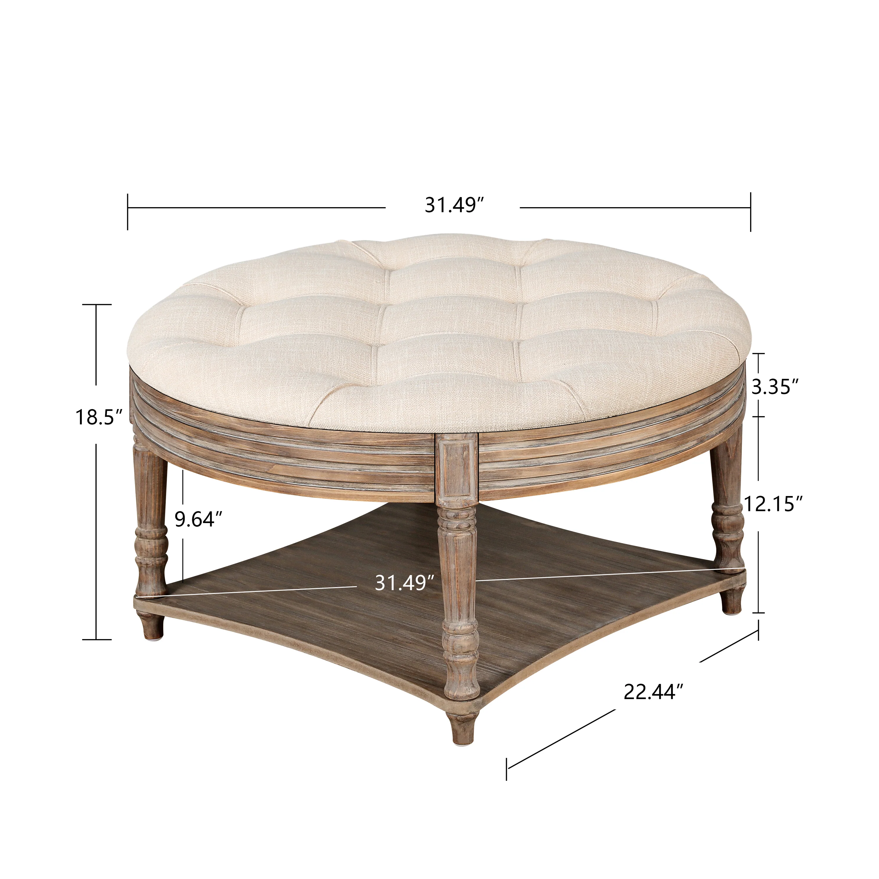 Captains Large Round Upholstered Ottoman with Bottom Shelf