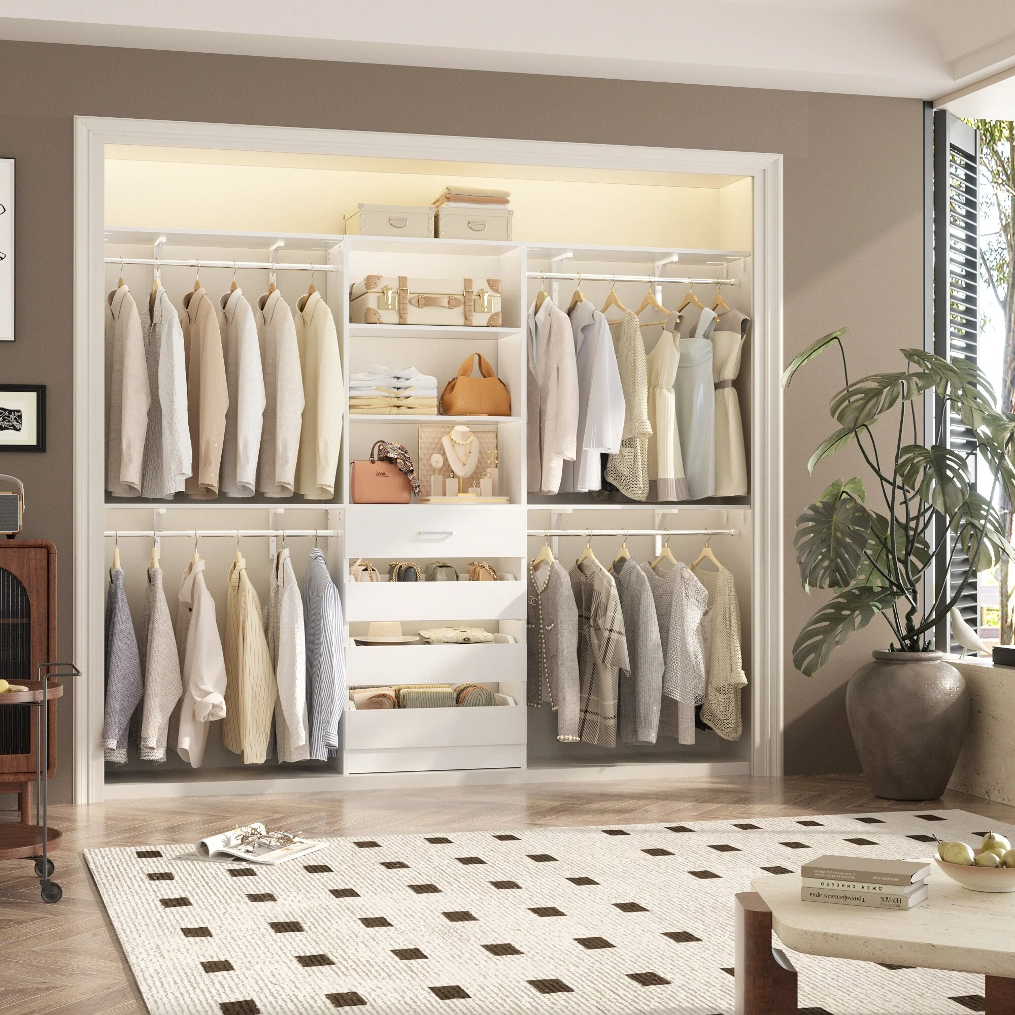 Rackcog 96'' Closet System with 4 Drawers and 4 Hanging Rods, 8FT Wood Closet Organizer for Walk-in Closet