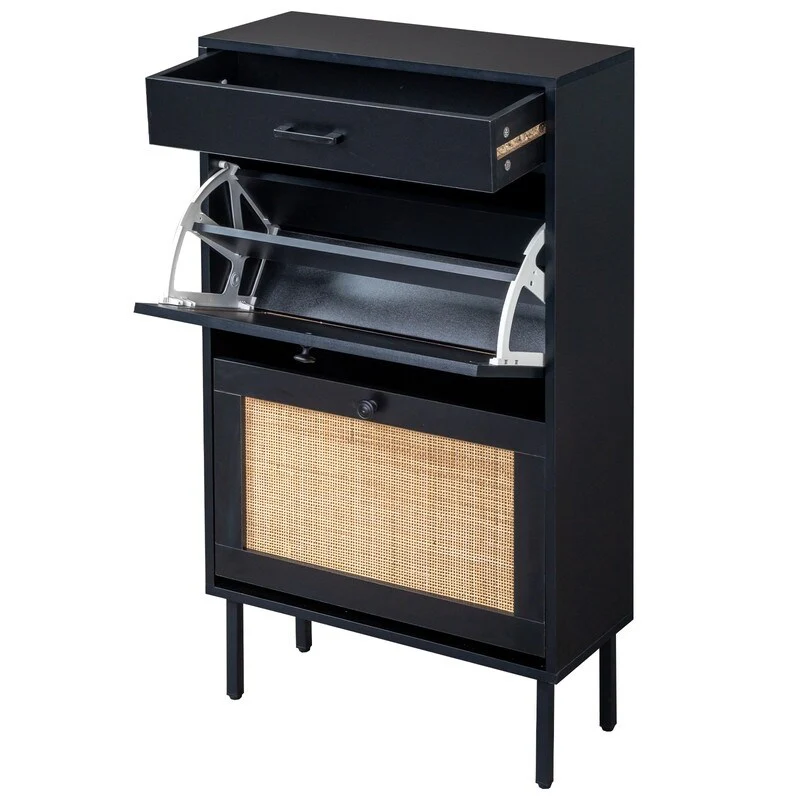 Real Rattan Shoe Cabinet with 2 Flip Drawers & 1 Small Drawer