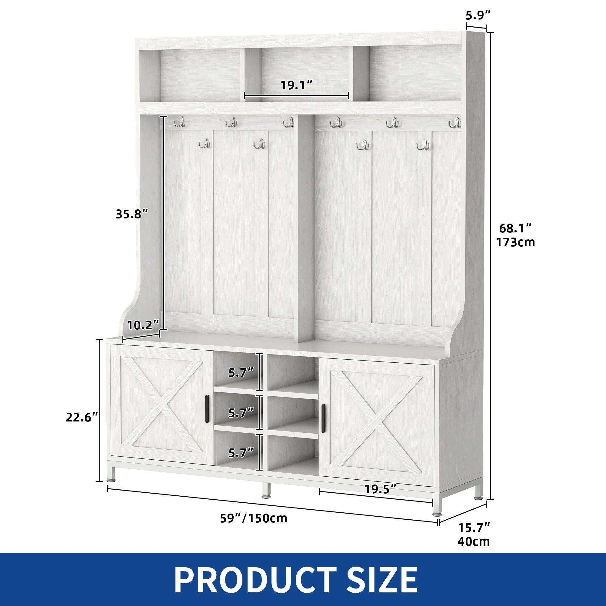 Moasis Farmhouse Hall Tree with Bench and Shoe Storage with 10 Hooks for Entryway