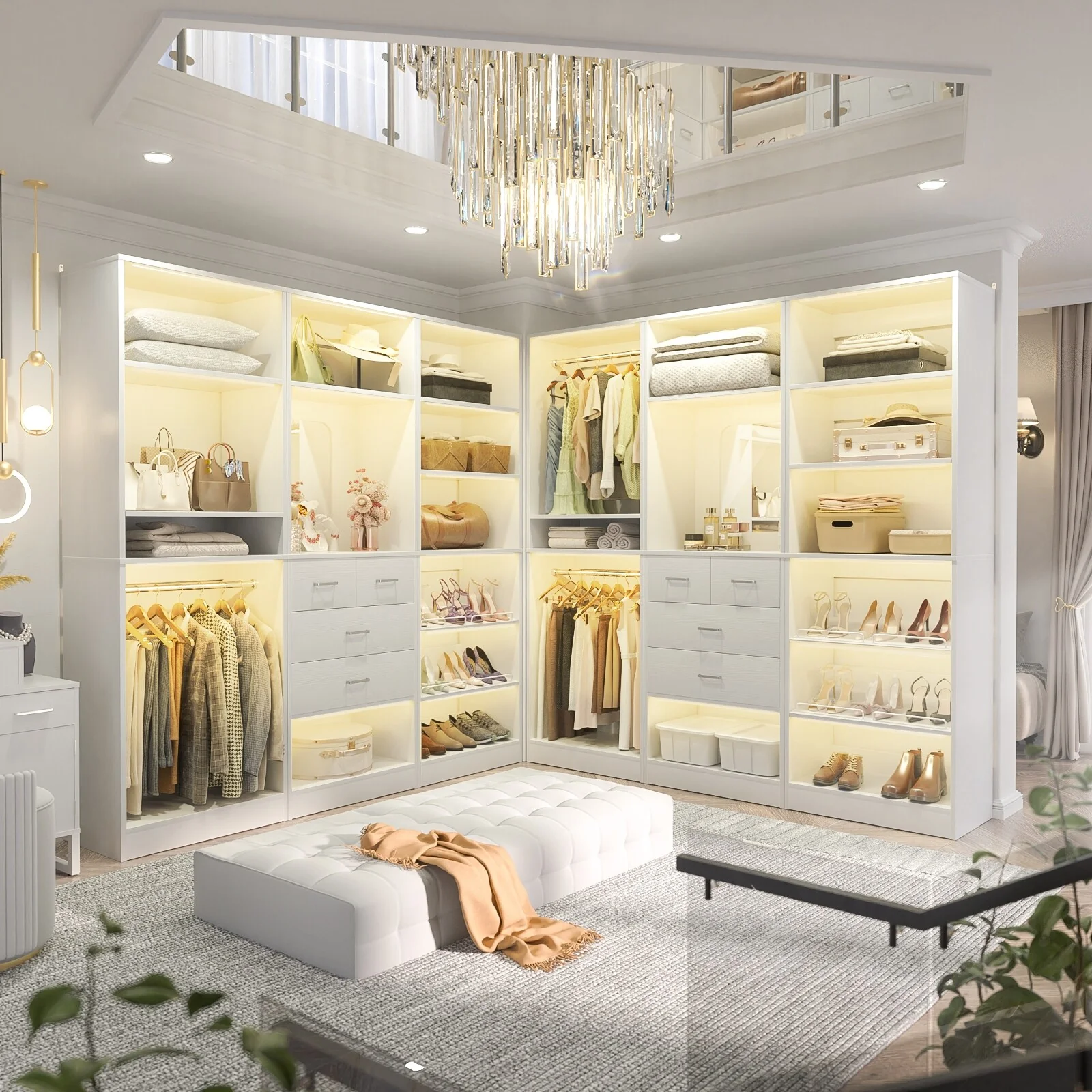 Cimly Set of 3 Freestanding Closet System with Drawers and Shoe Racks, 75'' Closet Organizer with Hanging Rods and Mirror