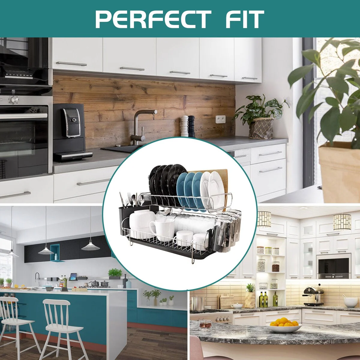 Double Tier Stainless Steel Dish Rack, with Drainboard Set and Utensil Holder - Large