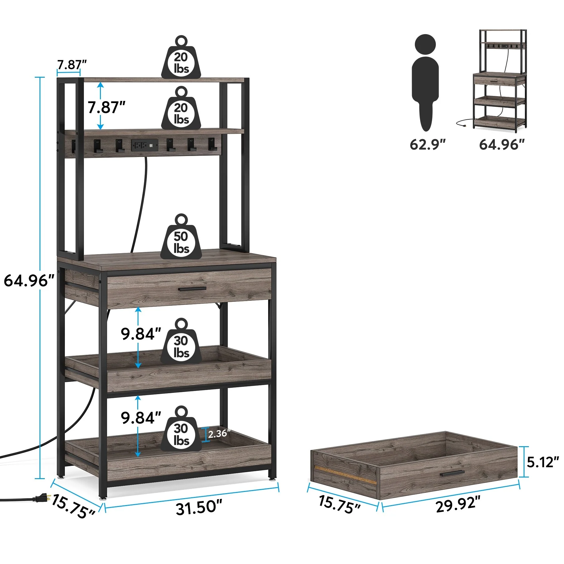 Kitchen Bakers Rack with Power Outlets, High Utility Storage Shelves Microwave Stand with Drawers