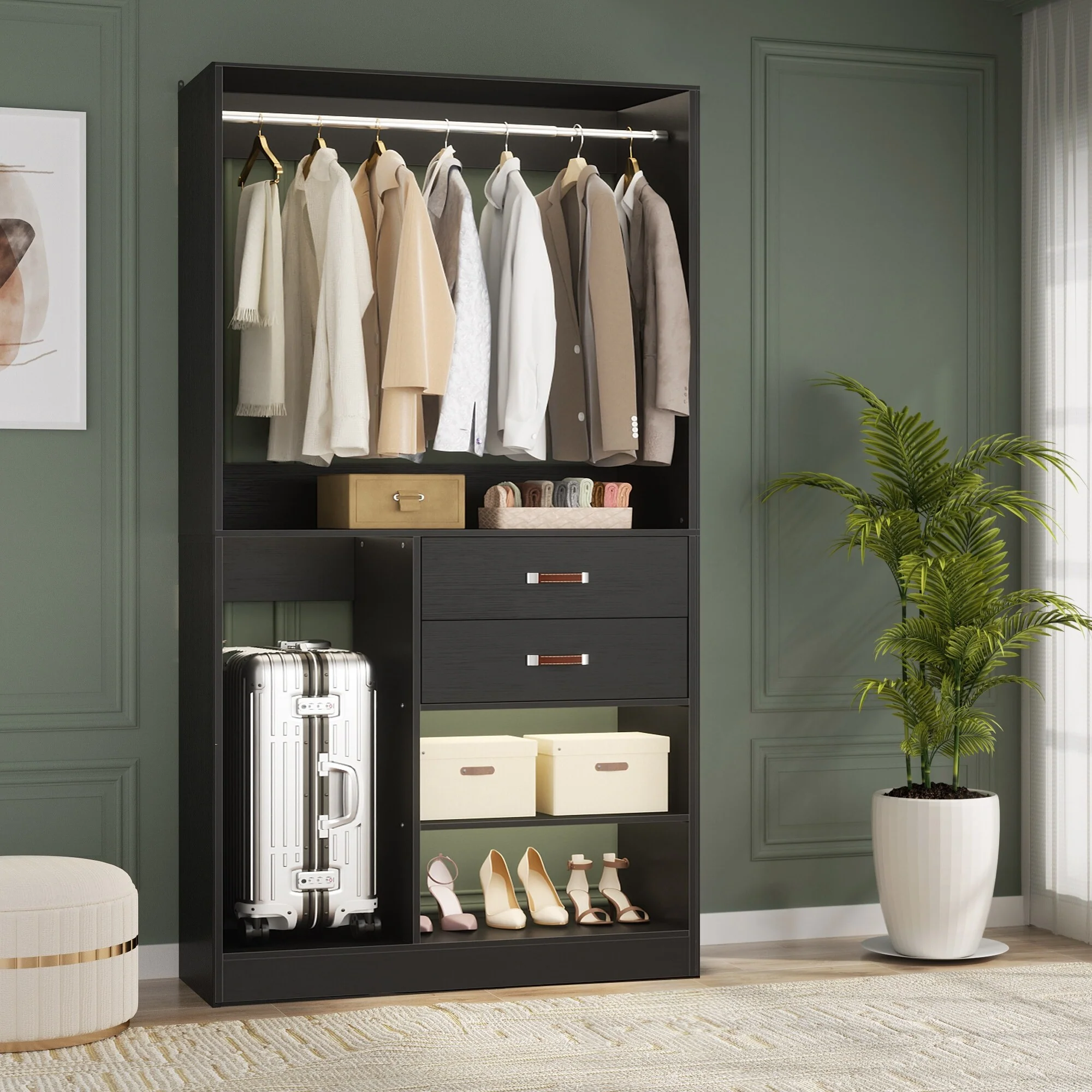 Vryon 40''W Freestanding Closet Organizer with Hanging Rod, Closet System Wardrobe with Wood Drawers