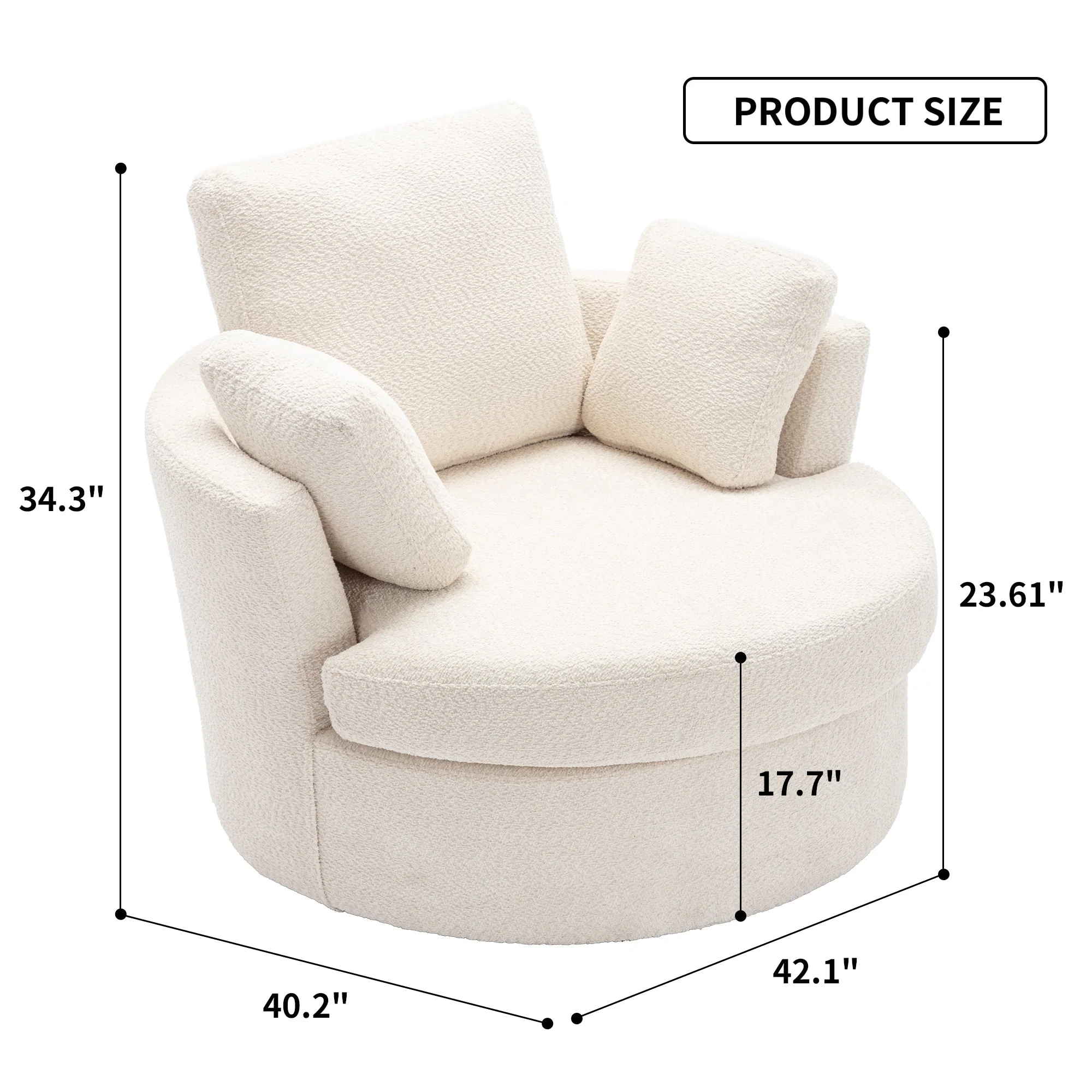 Upholstered Swivel Barrel Chair with 3 Pillows and Curved Backrest