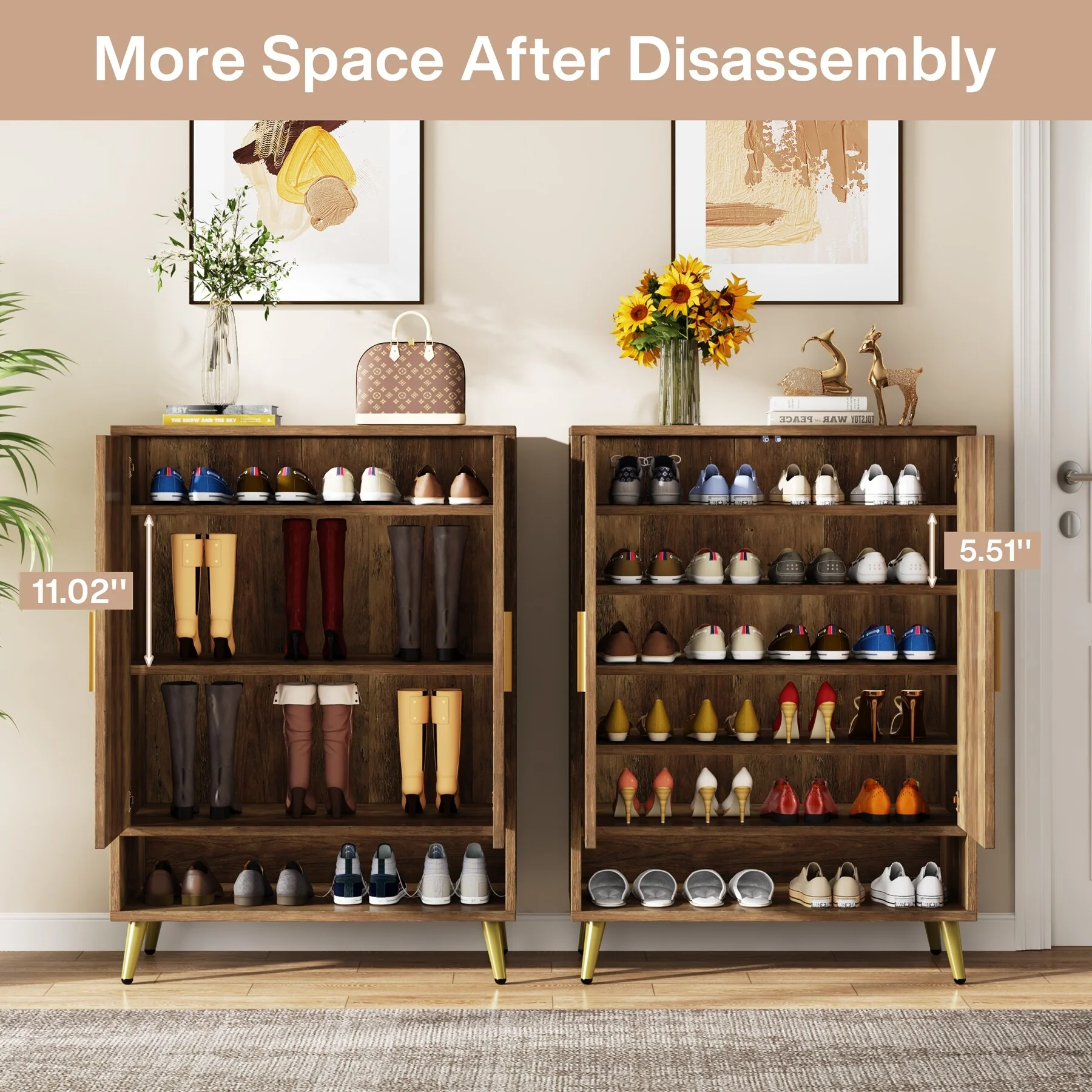 Walnut Shoe Cabinet, 6-Tier Wooden Shoe Organizer with Stable Leg