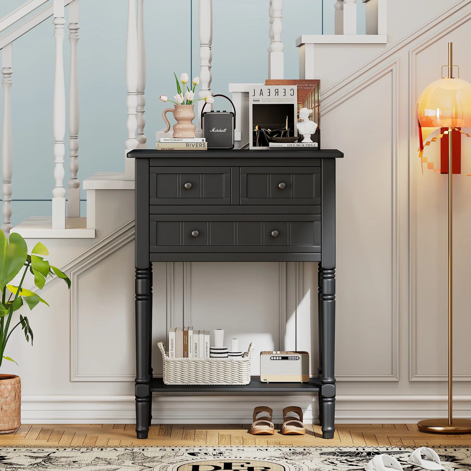 Conquest Narrow Console Table with 3 Drawers and Bottom Shelf