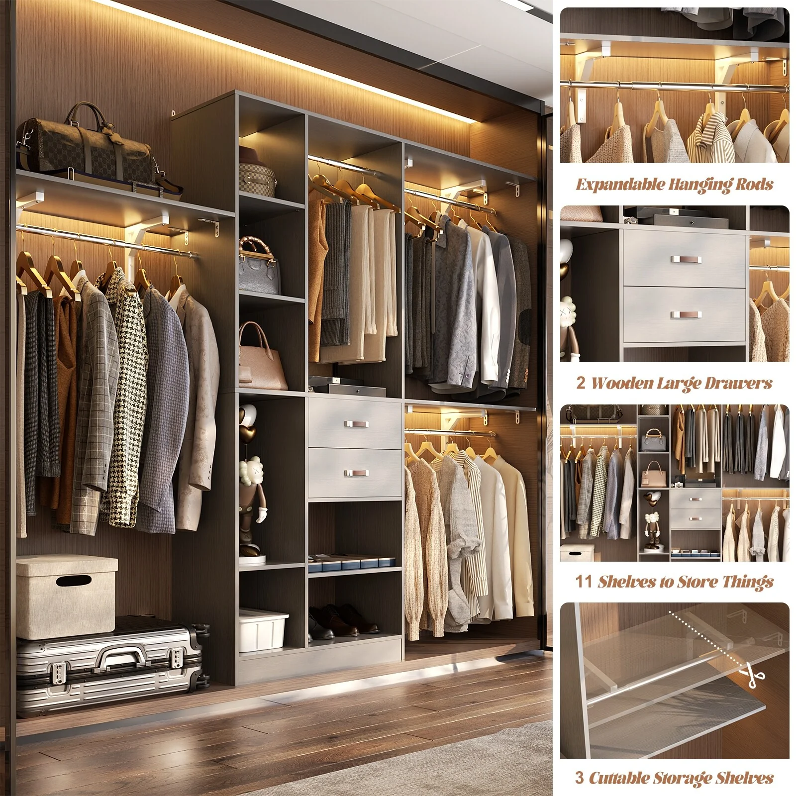 31.5'' to 96'' W Closet Organizer System with Drawers and Tower Shelves for Reach-in and Walk-in Closet