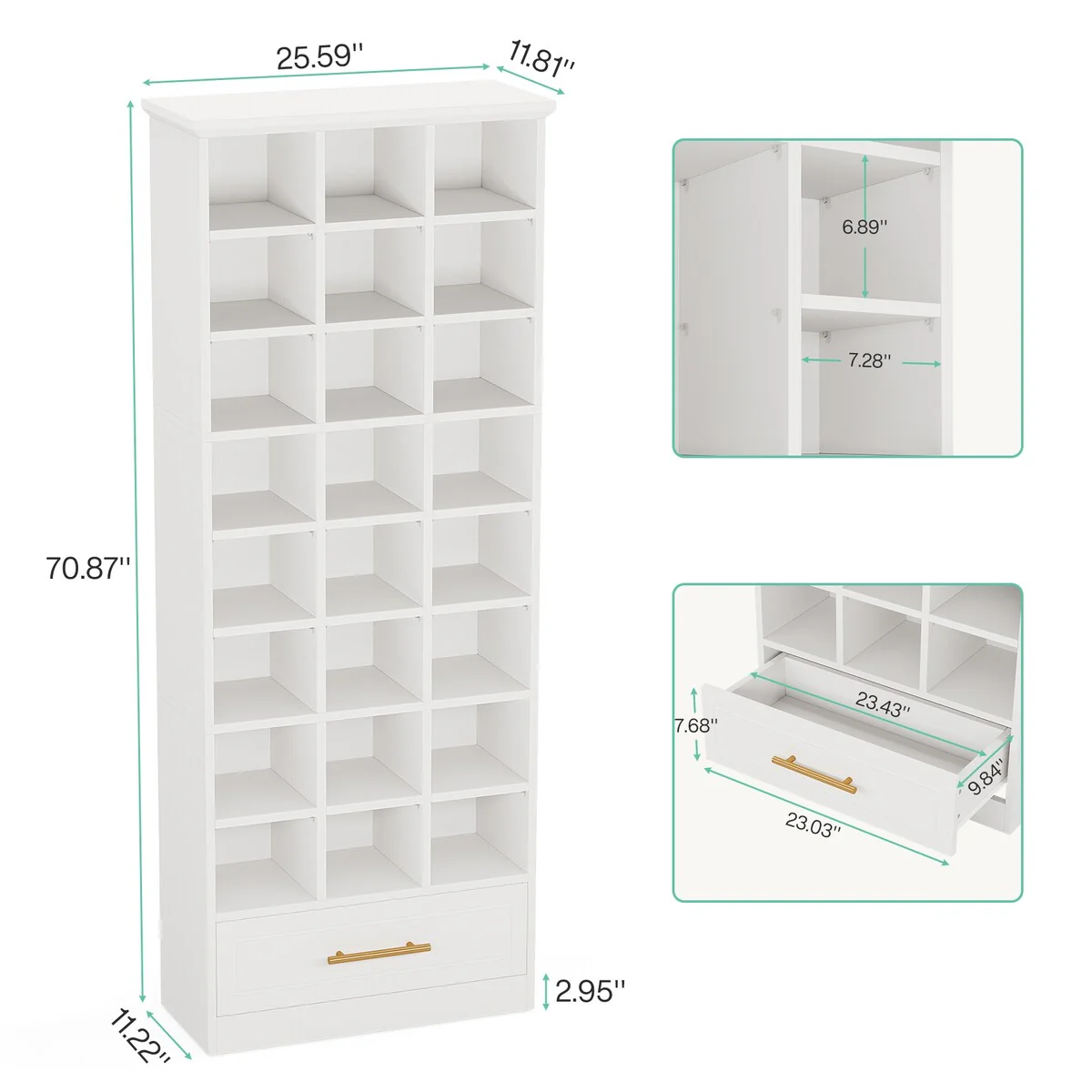 70.9-Inch Shoe Storage Cabinet, Tall Wooden Shoe Rack with 24 Cubbies and Drawer for Closet, Entryway, Living Room