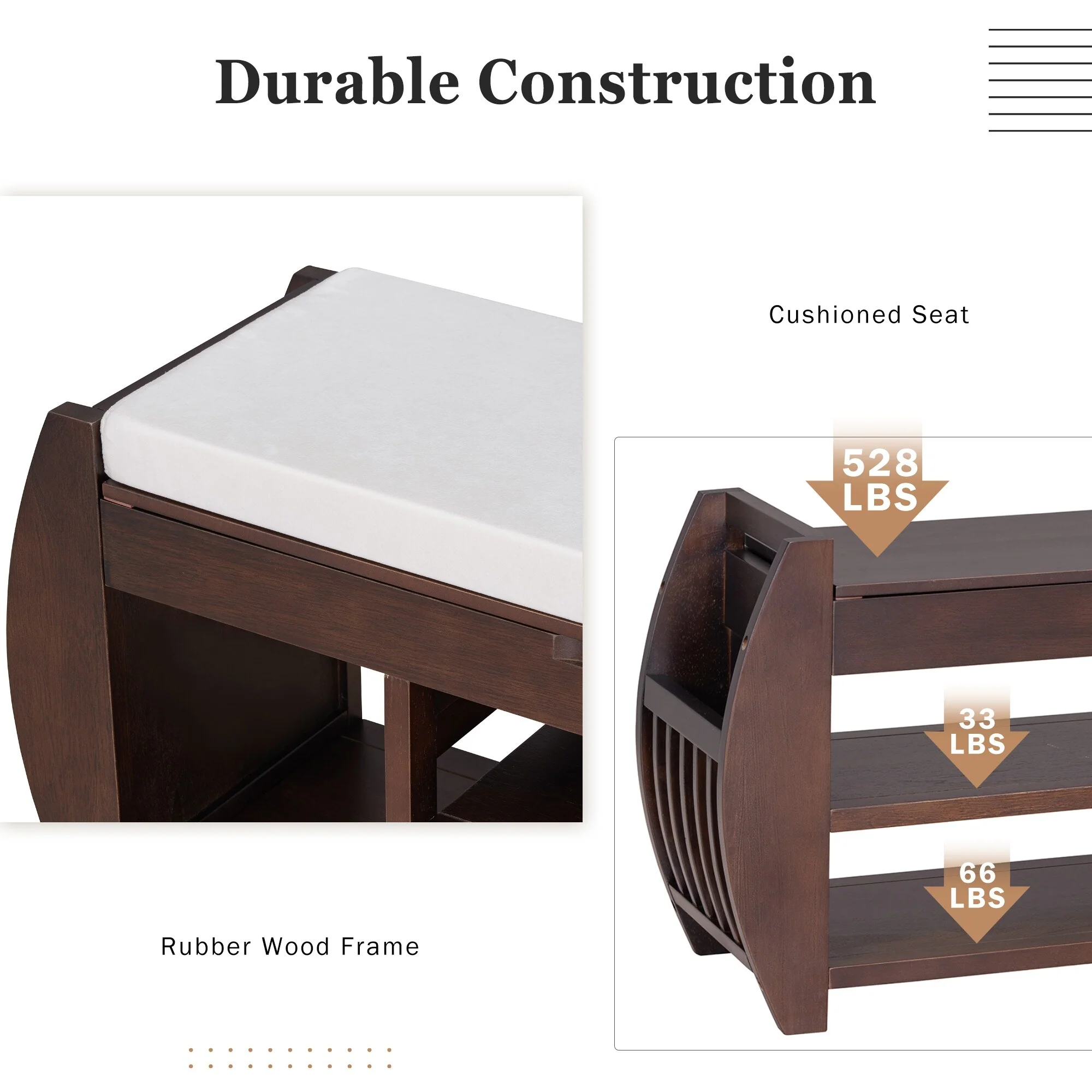 Shoe Storage Bench with Cushion and Curved Side