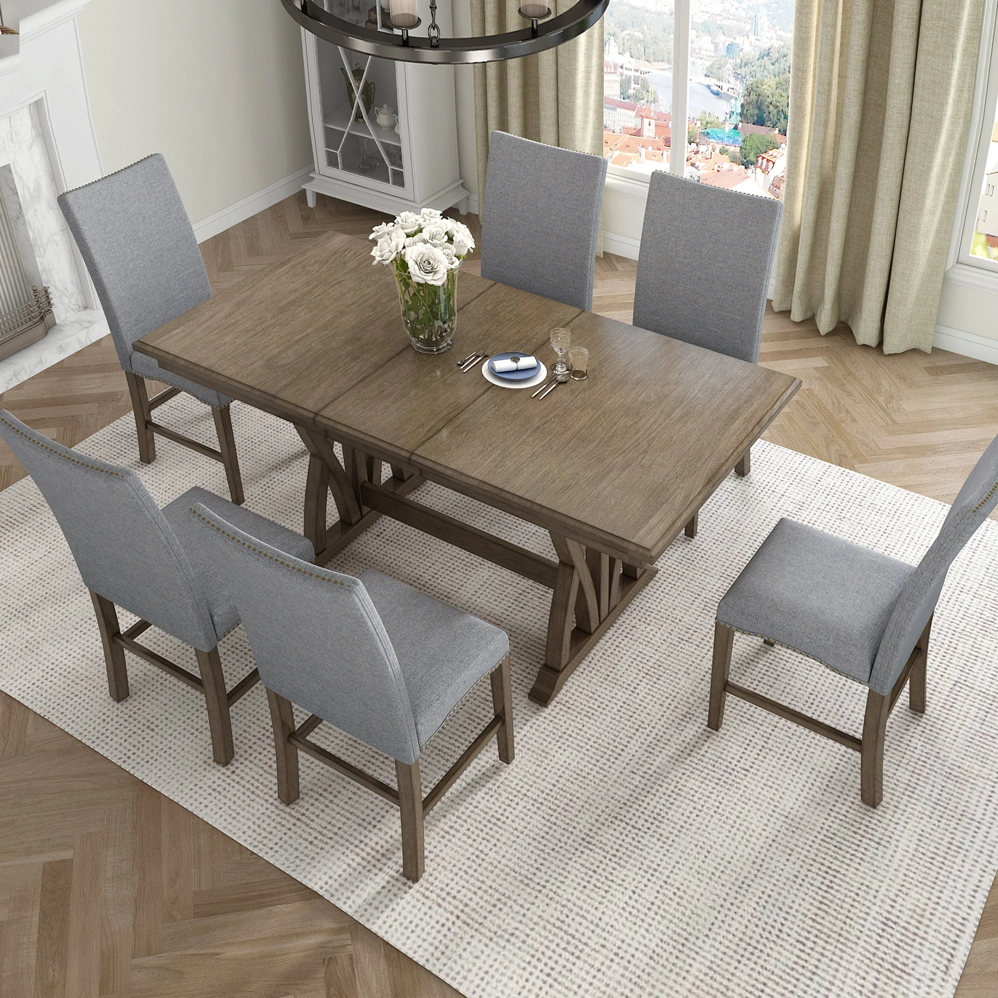 7 Piece Dining Table Set with 6 Upholstered Chairs