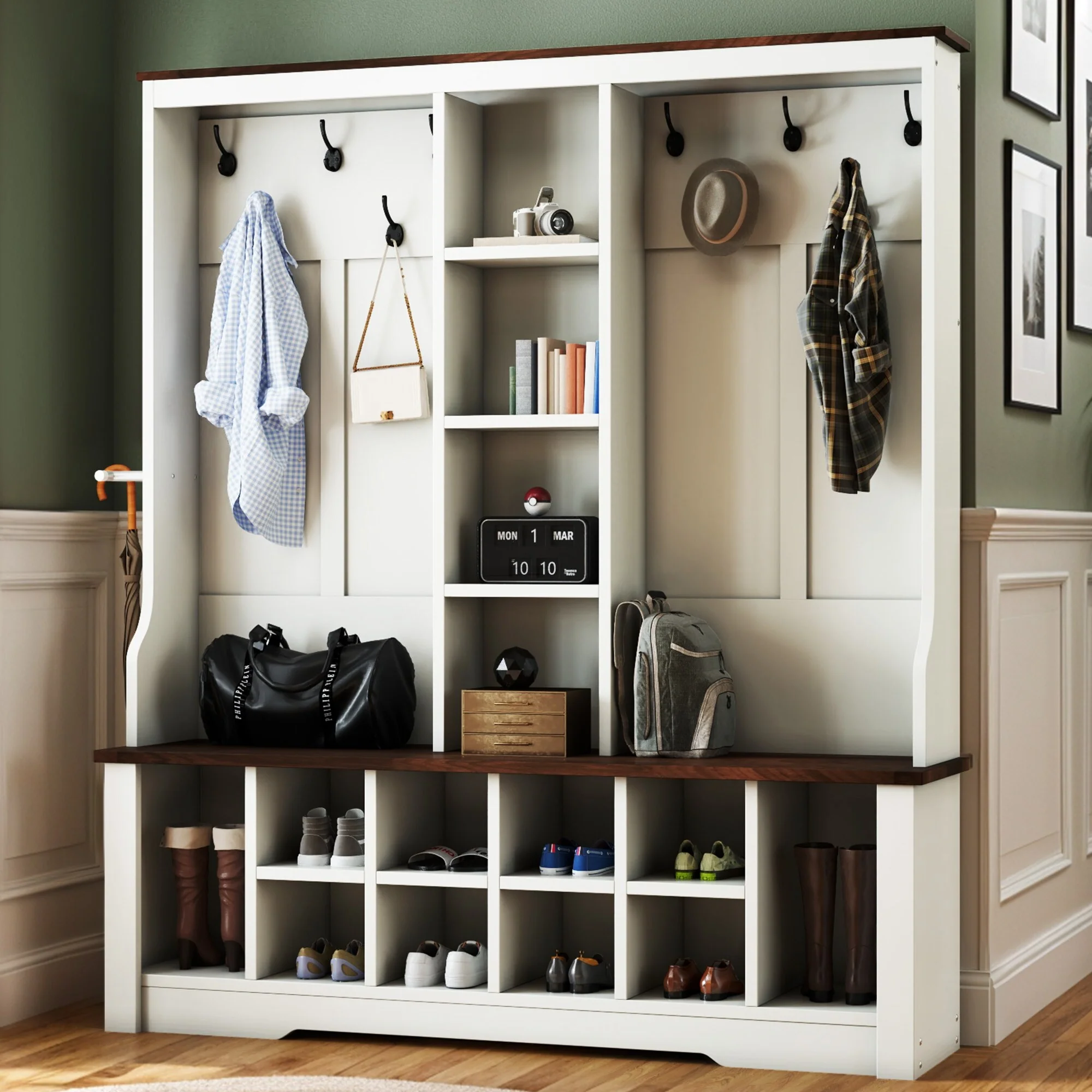 Moasis Farmhouse Hall Tree with Bench and Shoe Storage with 10 Hooks for Entryway