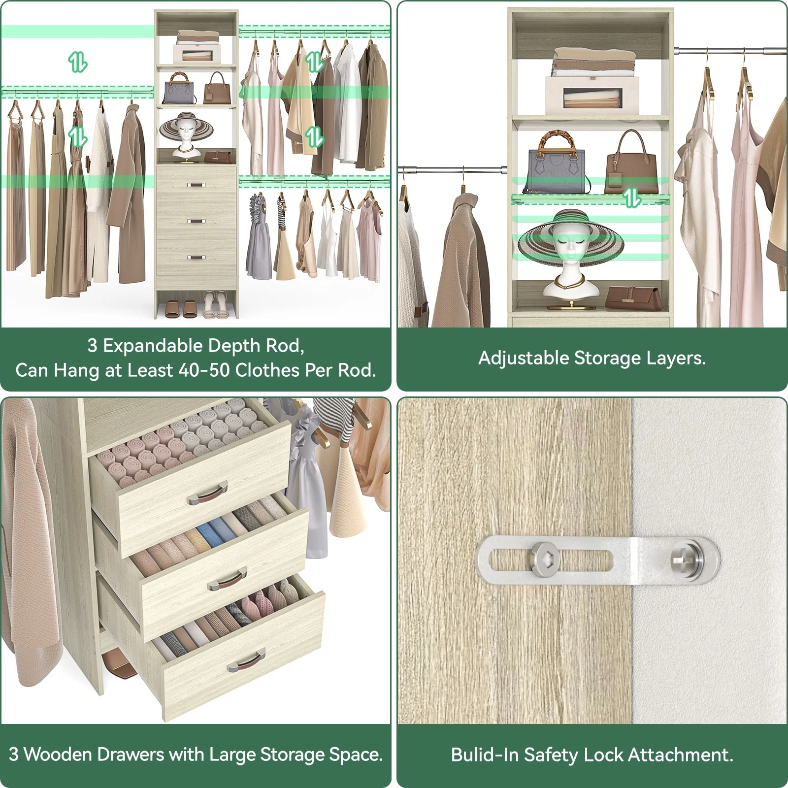 20.2'' - 96'' W Closet Organizer with Drawers, Closet System with Hanging Rods and Adjustable Shelves