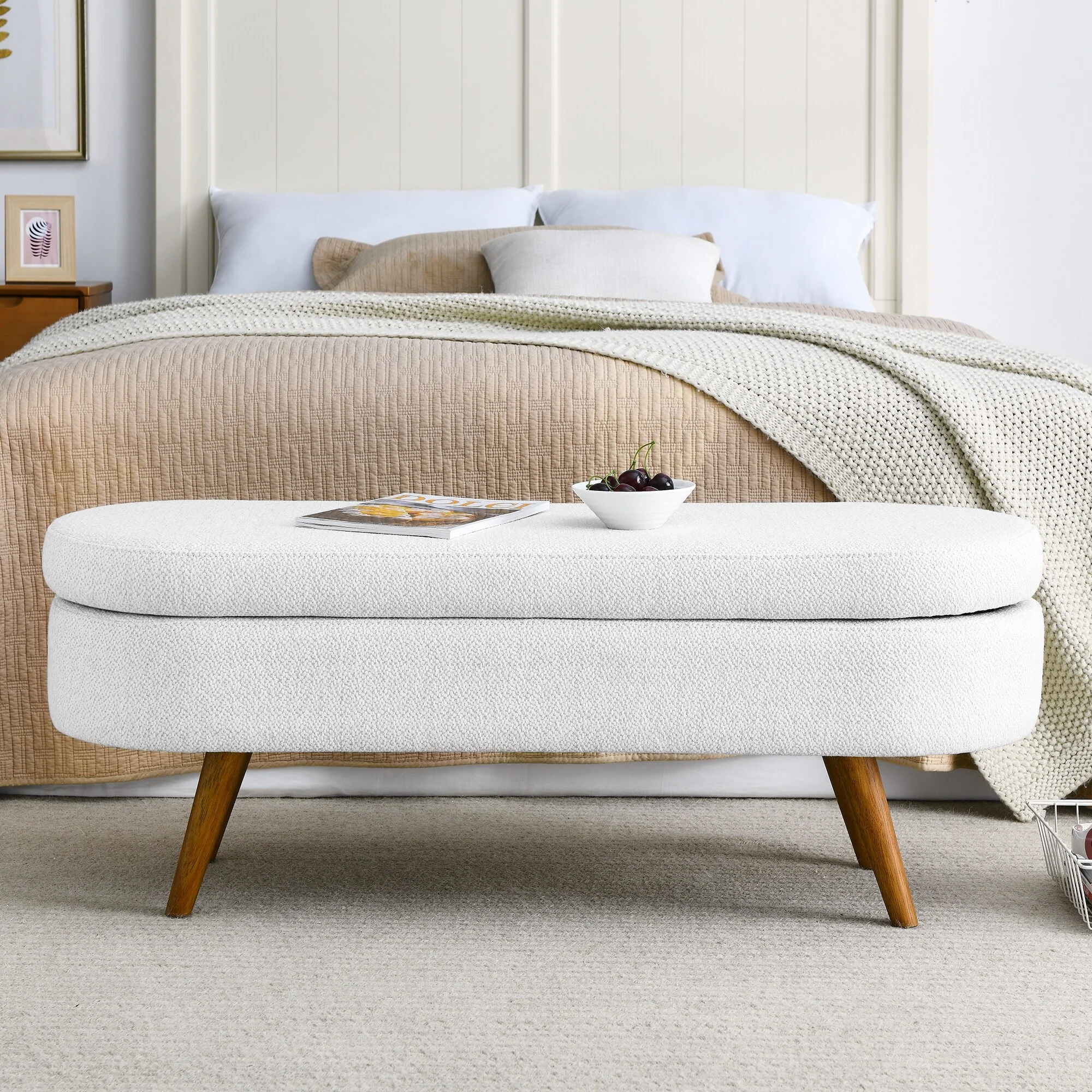 Ottoman Oval Storage Bench,Rubber Wood Legs, Beige