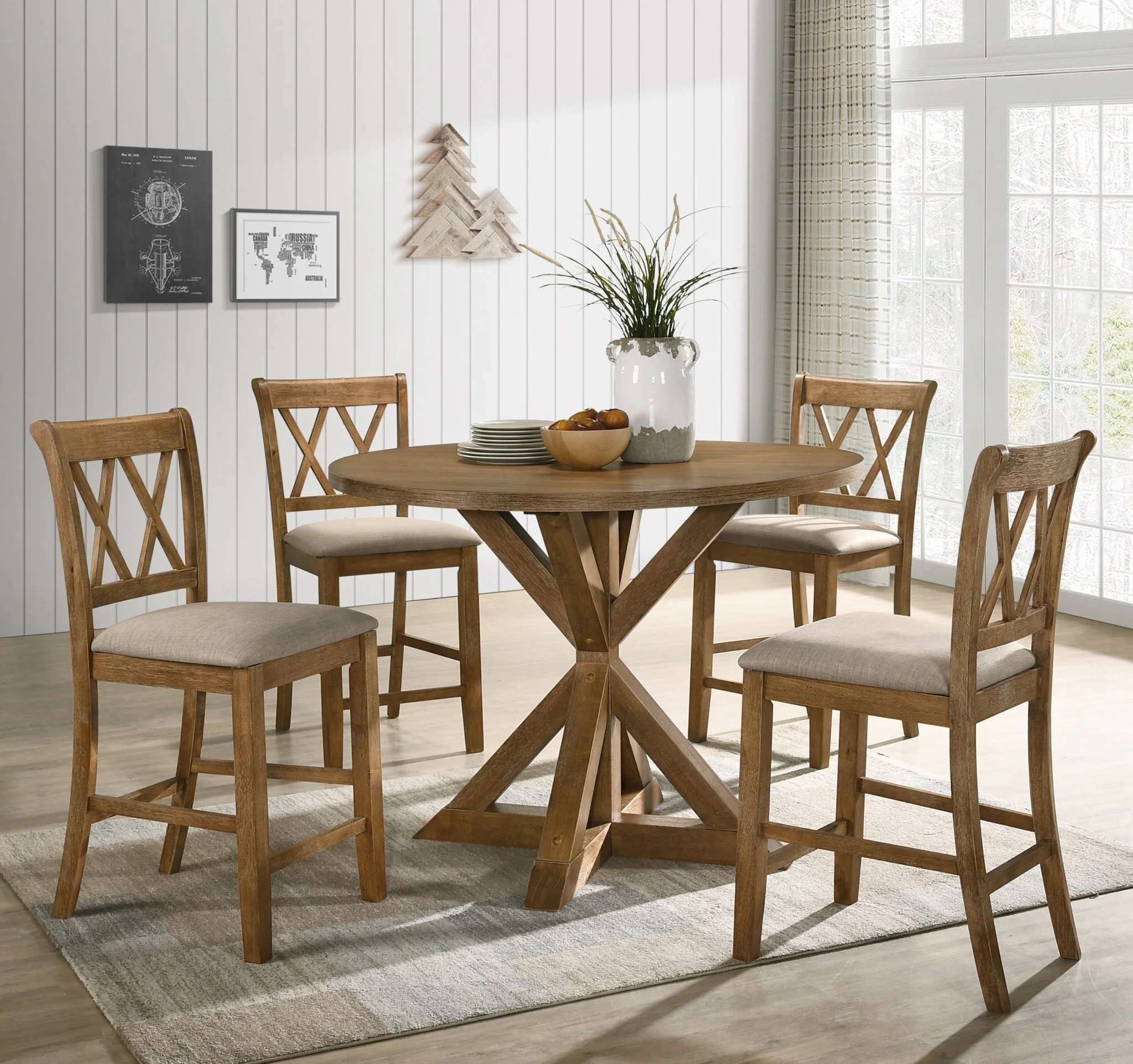 Cross-Buck Wood 5-Piece Counter Height Dining Set
