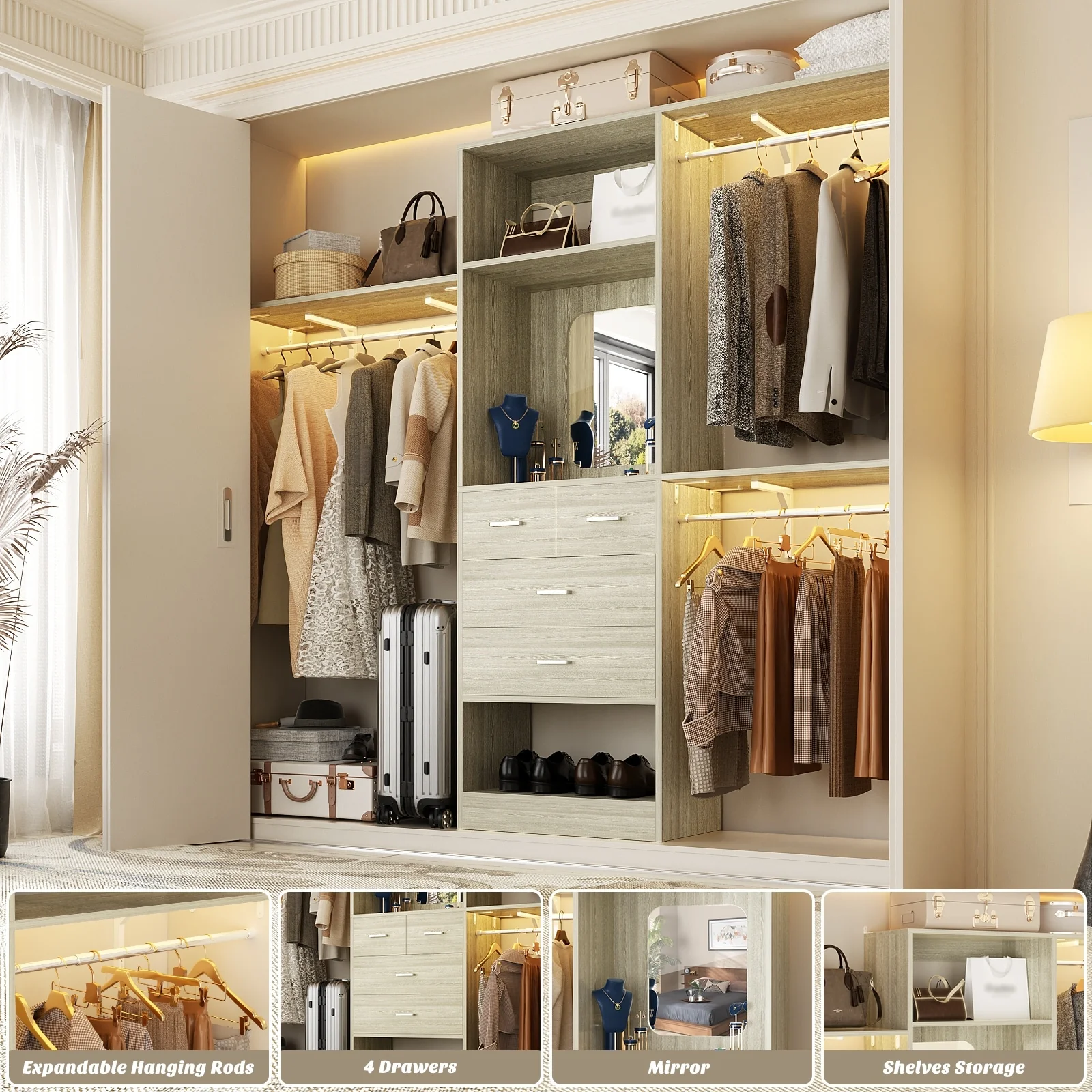 96'' W Closet System with Mirror, 8FT Walk-in Closet Organizer Kits with 4 Wooden Drawers ＆ 3 Extendable Hanging Rods