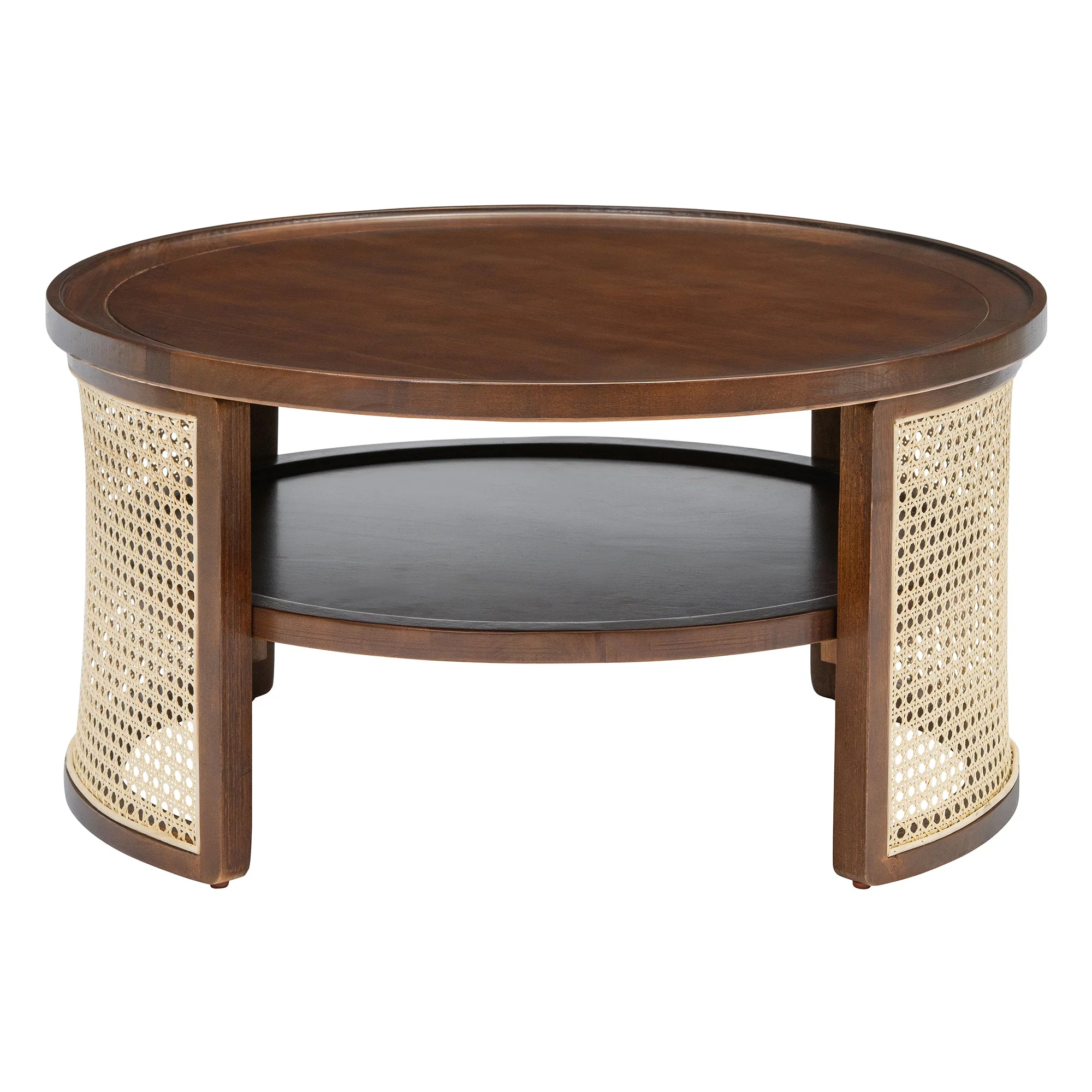 Wintered 2-Tiered Coffee Table with Rattan Base and Curved Edge Design