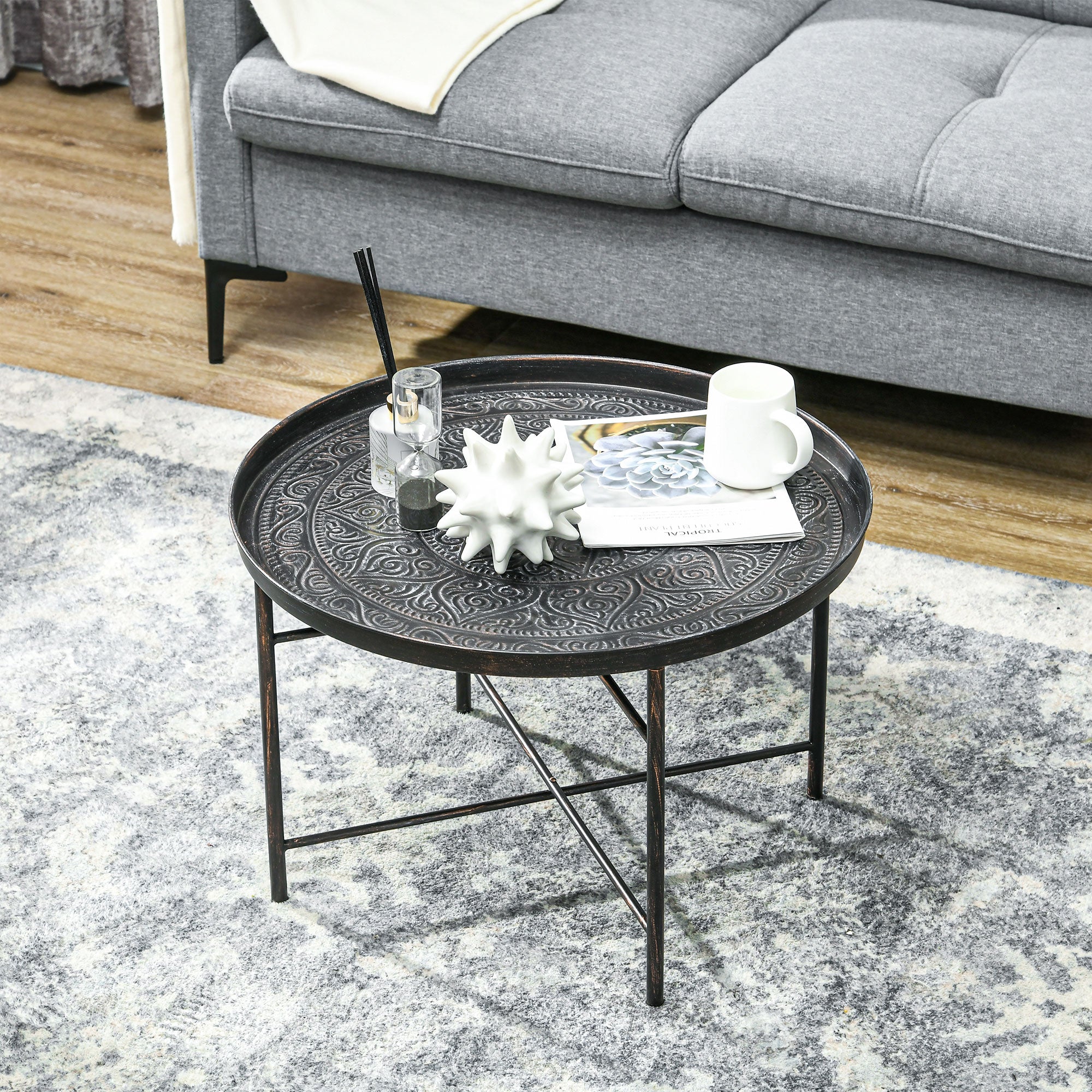 Round Coffee Table with Hammered Tray Top