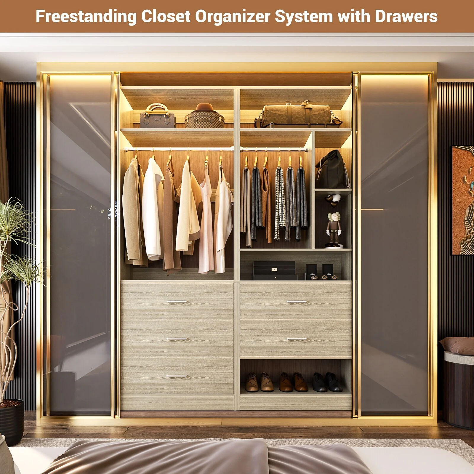 Kyrvo 48''W Set of 2 Freestanding Closet System with 5 Drawers ＆ 2 Hanging Rods,Reversible Wardrobe for Walk-in/Reach-in Closet