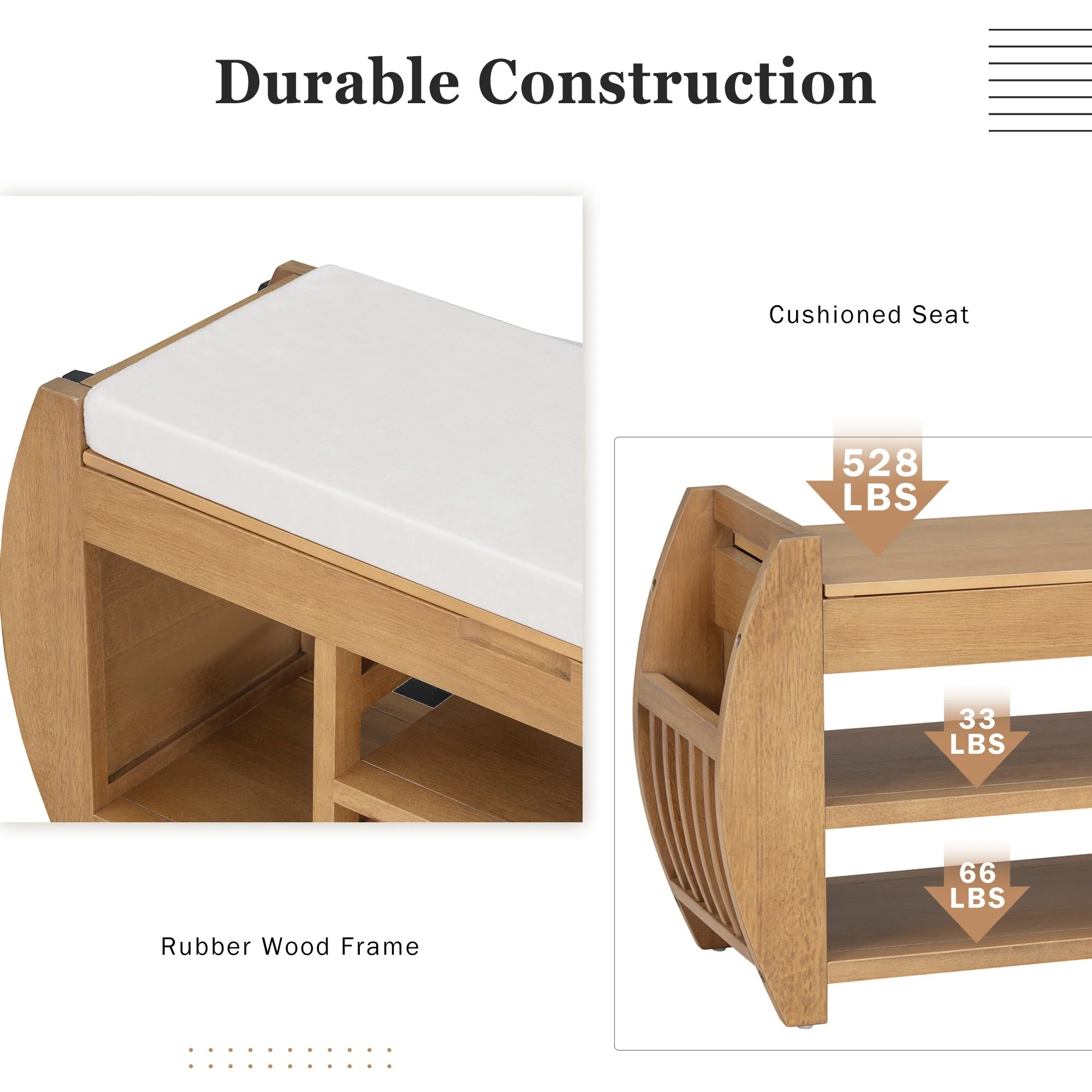 Shoe Storage Bench with Cushion and Curved Side