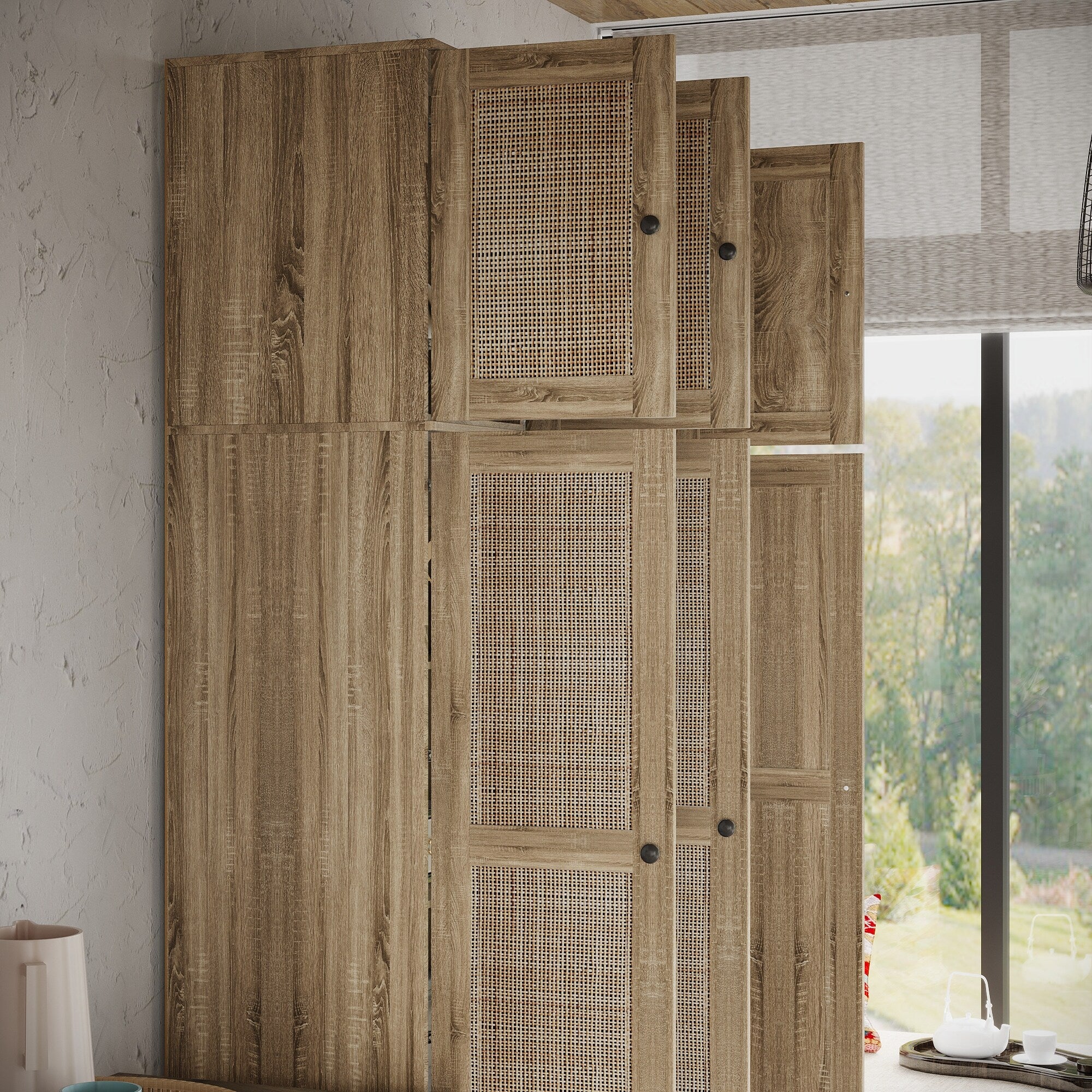 Large Storage Wardrobe Versatile Rattan Door Closet with Deep Drawers