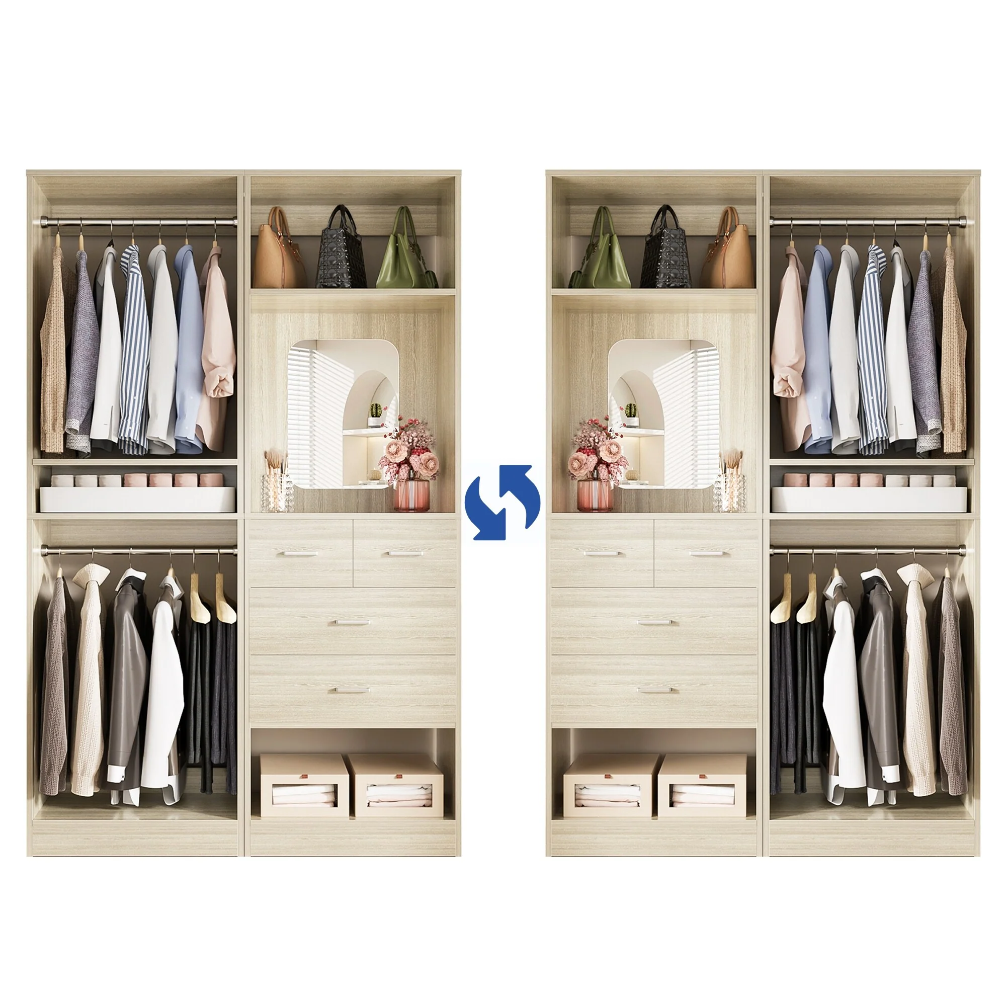 Cimly Set of 2 Free-standing Closet System with Drawers and Hanging Rods for Reach-in/ Walk-in Closet