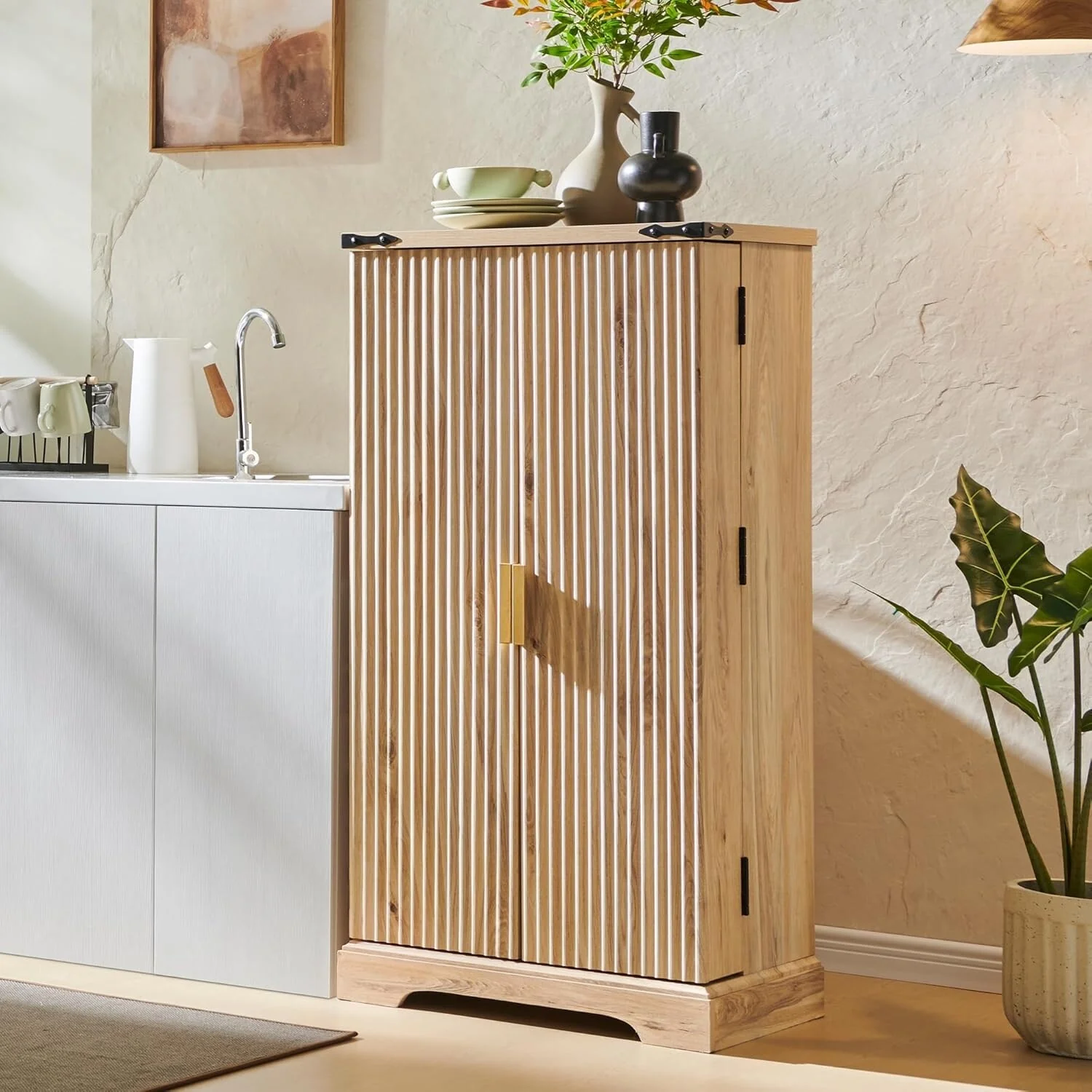 Modern Fluted Pantry Cabinet, Storage Cabinet, Wood Cupboard Organizer