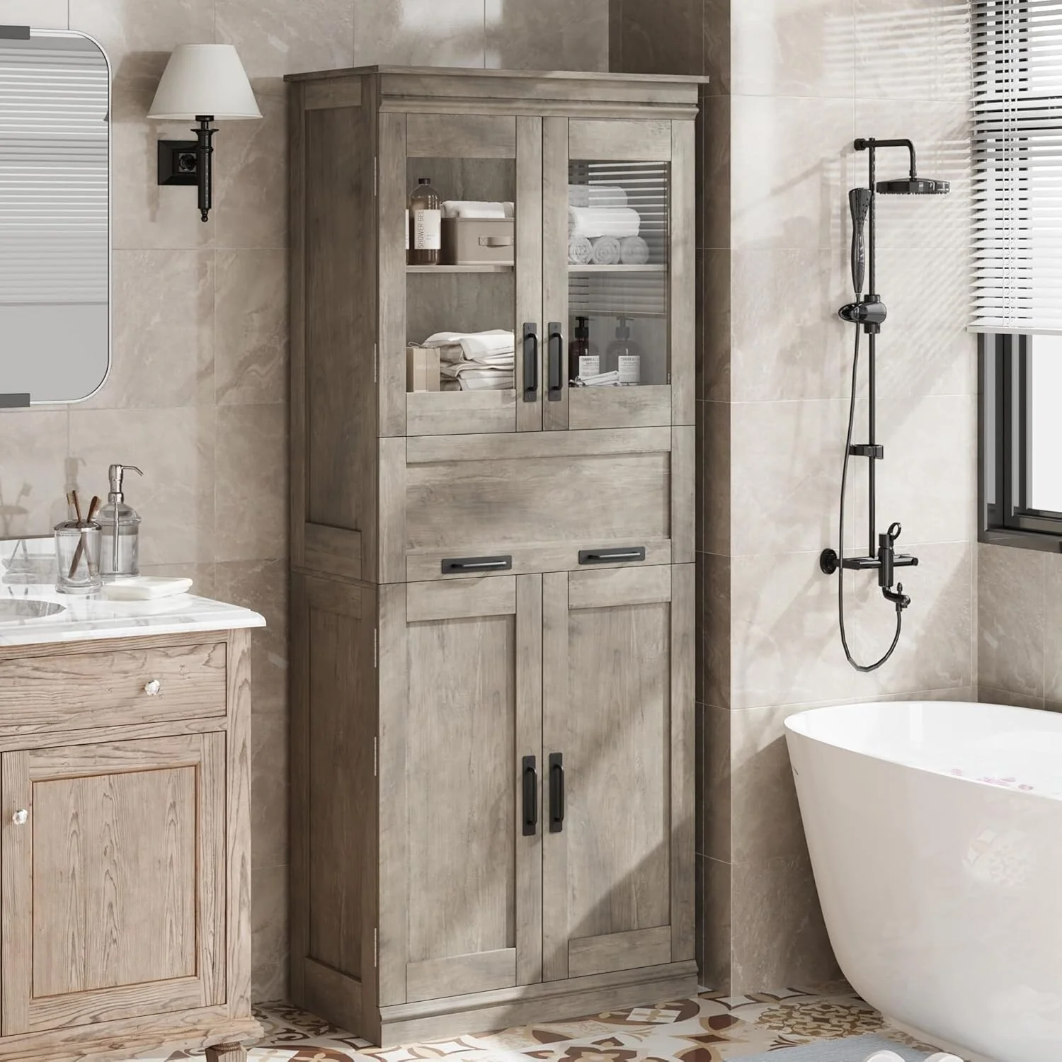 Tall Bathroom Cabinet, Freestanding Storage Cabinet with Glass Doors